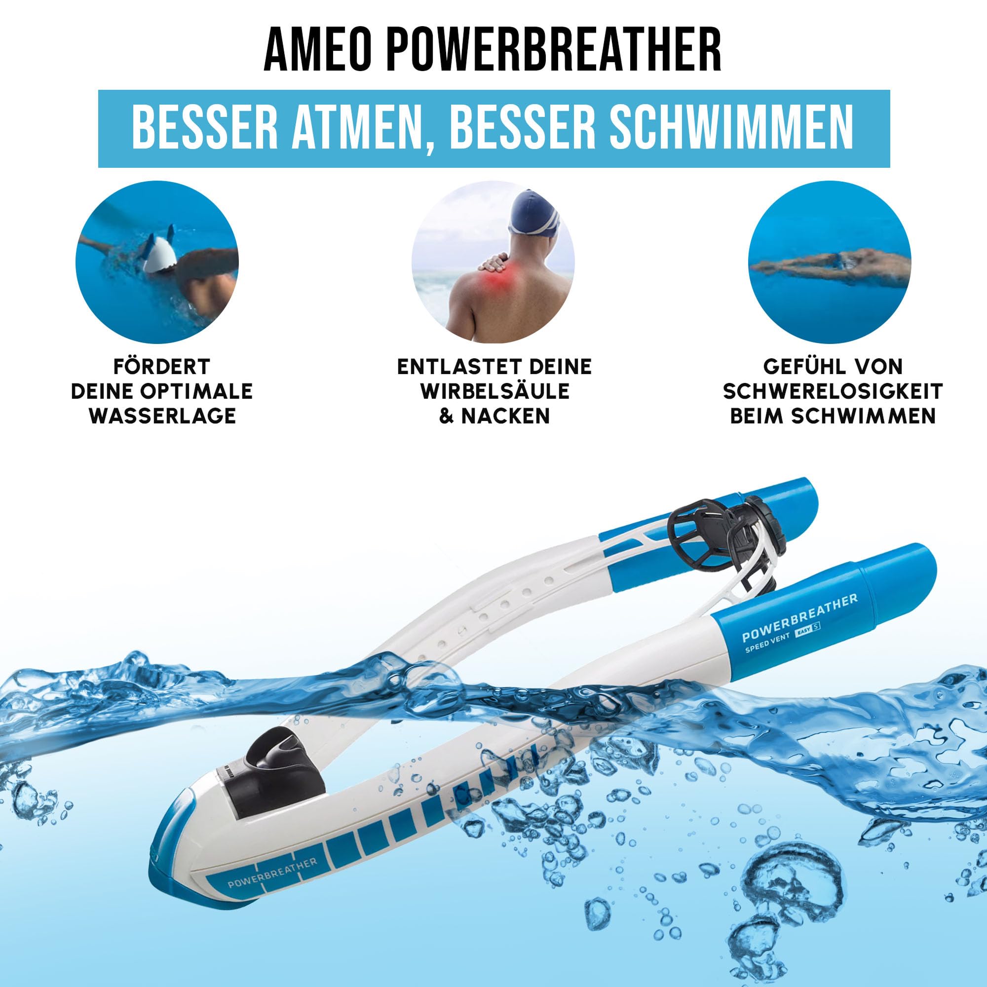 Ameo POWERBREATHER Hypoxy Plus – Kit de plongée 100 % d'air frais pour adultes et enfants – Kit tuba avec système de valve intelligent et air respiratoire 100 % sec