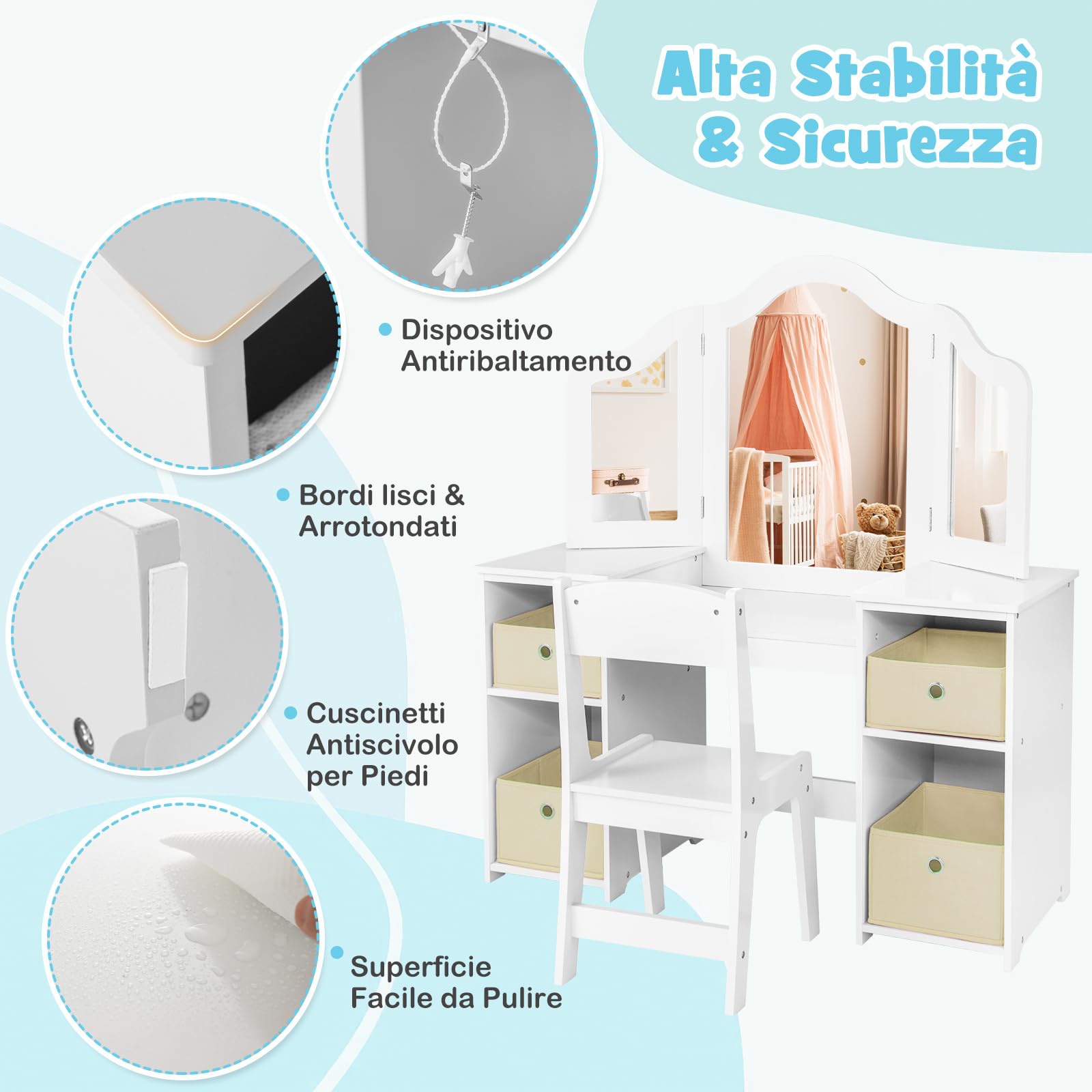 COSTWAY Toeletta Trucco 2 in 1 per Bambina, Specchiera Staccabile per Ragazza in Legno Robusto con 4 Cassetti in Tessuto, Sgabello e Specchio, Postazione Trucco per 3 Anni, 104 x 40 x 117 cm (Bianco)