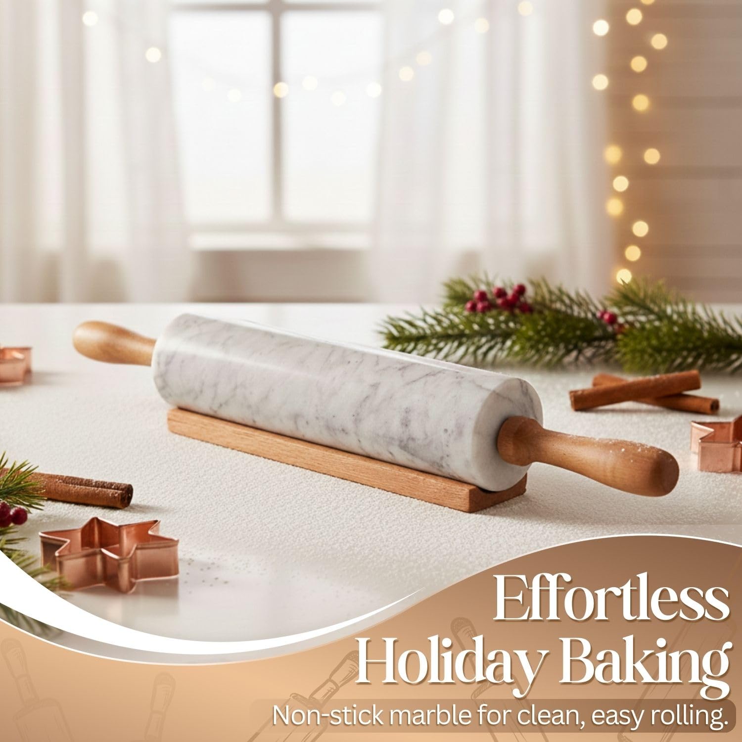 Flexzion Teigroller aus weißem Marmor, 25,4 cm, mit Holzgriff und Halter-Basisständer, Marmor-Nudelholz zum Backen von Gebäck, Pizzateig, Fondant, Kekskuche, Kruste, Nudeln, Bäckerei-Roller