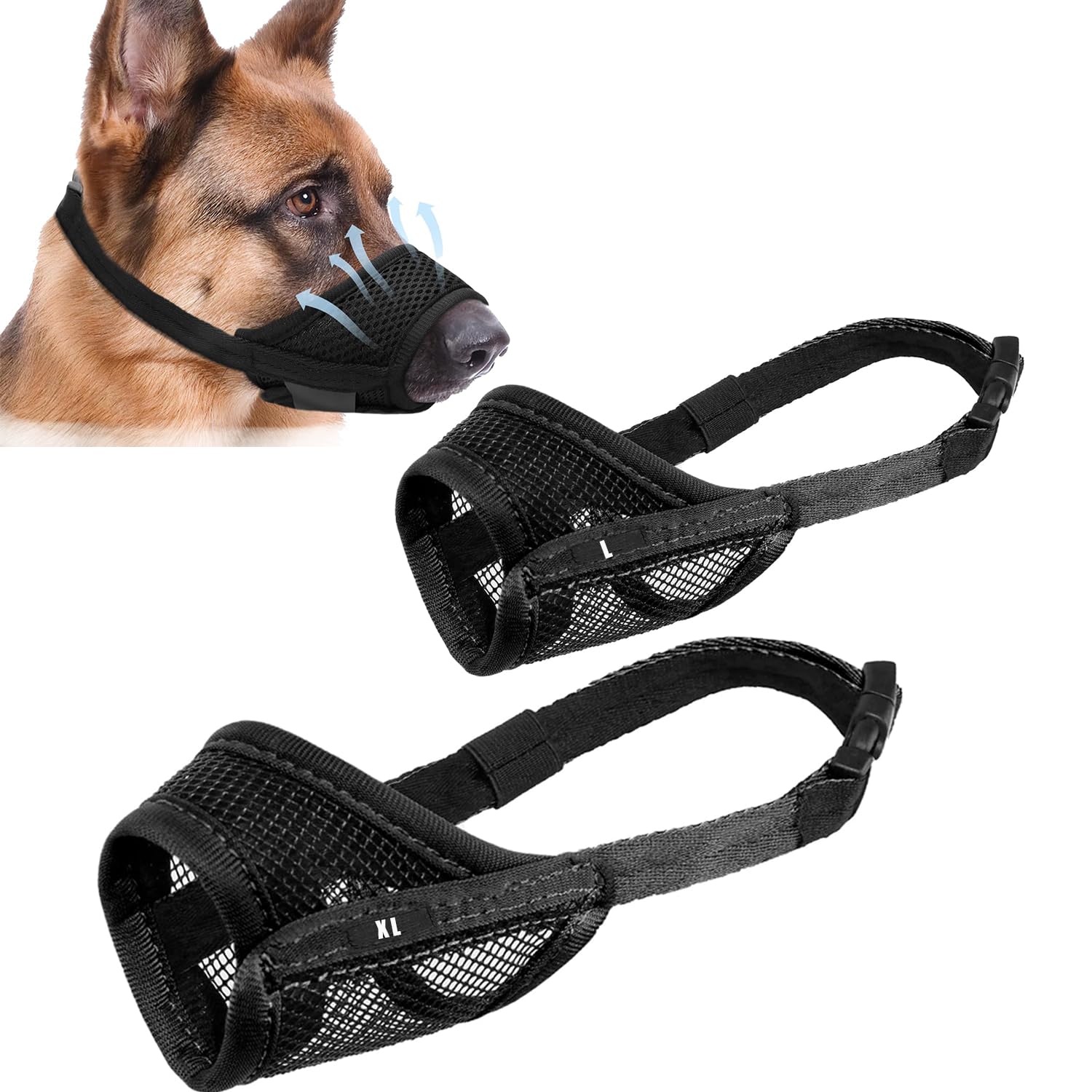 2Pcs Dog Muzzle Anti Biting Barking and Chewing, 2 Size Dog Muzzles for Small Medium Large Dogs, Puppy Muzzle Nylon Soft Mesh Breathable Adjustable Loop Muzzle Anti-Dropping (L, XL)