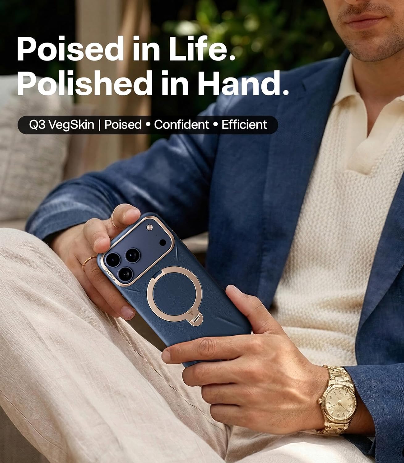 TORRAS Organic Leather for iPhone 17 Pro Case with Stand, Fit for Magsafe, 360 Spin Kickstand with Camera Control, Premium Leather Durable Stylish Q3 VegSkin for iPhone 17 Pro Phone Case, Deep Blue - Image 2