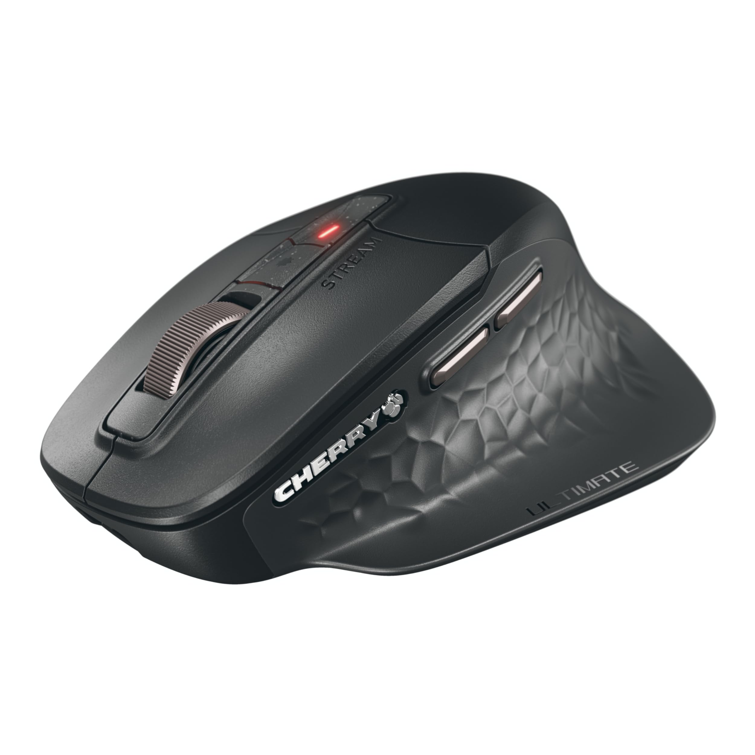 CHERRY Stream Mouse Ultimate, Kabellose Ergonomische Maus, Schwarz | Rechtshändermaus, Multi-Device-Funktion für 4 Geräte, Bluetooth, 2,4 GHz & Kabel, Anpassbares Scrollrad, Wiederaufladbar