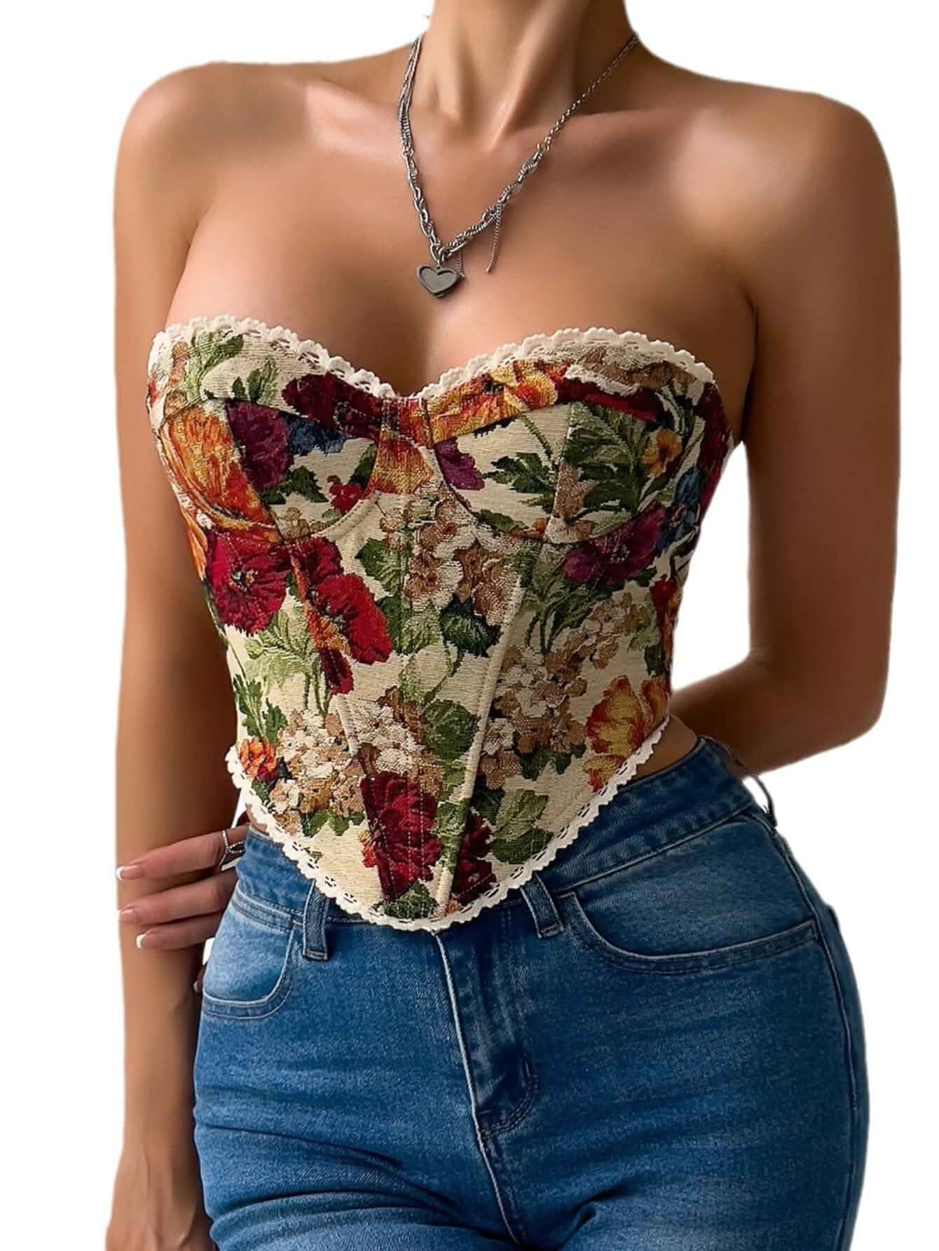 GIYKBX Women's Vintage Floral Strapless Corset Top Lace Trim Lace-up Sweetheart Bustier Crop Tube Tops