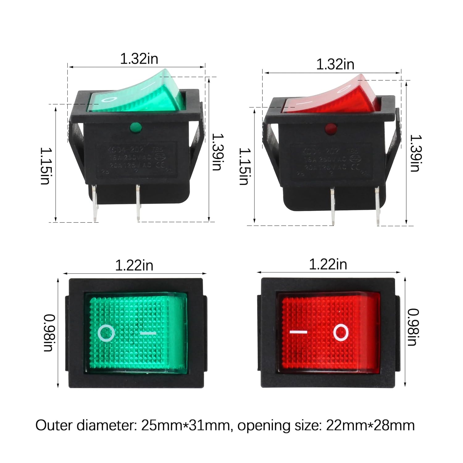 30A 250V KCD2 KCD4 Rocker Switch DPST 4Pins Toggle Switch 120V Rocker Toggle ON Off (1 Red 1Green)