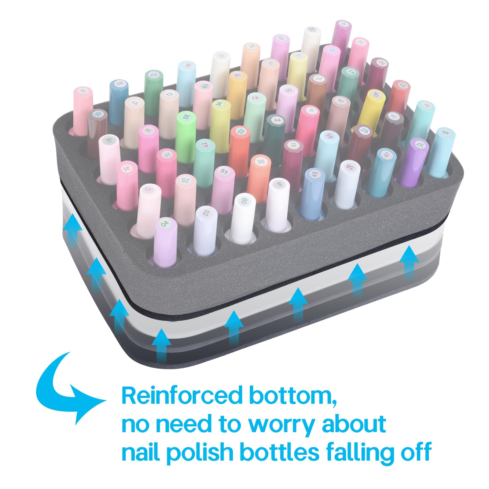 Soporte organizador de esmalte de uñas de espuma con ranuras para almacenamiento, 54 botellas (15 ml), bandeja de esmalte de uñas o aceite esencial para cajones, color negro