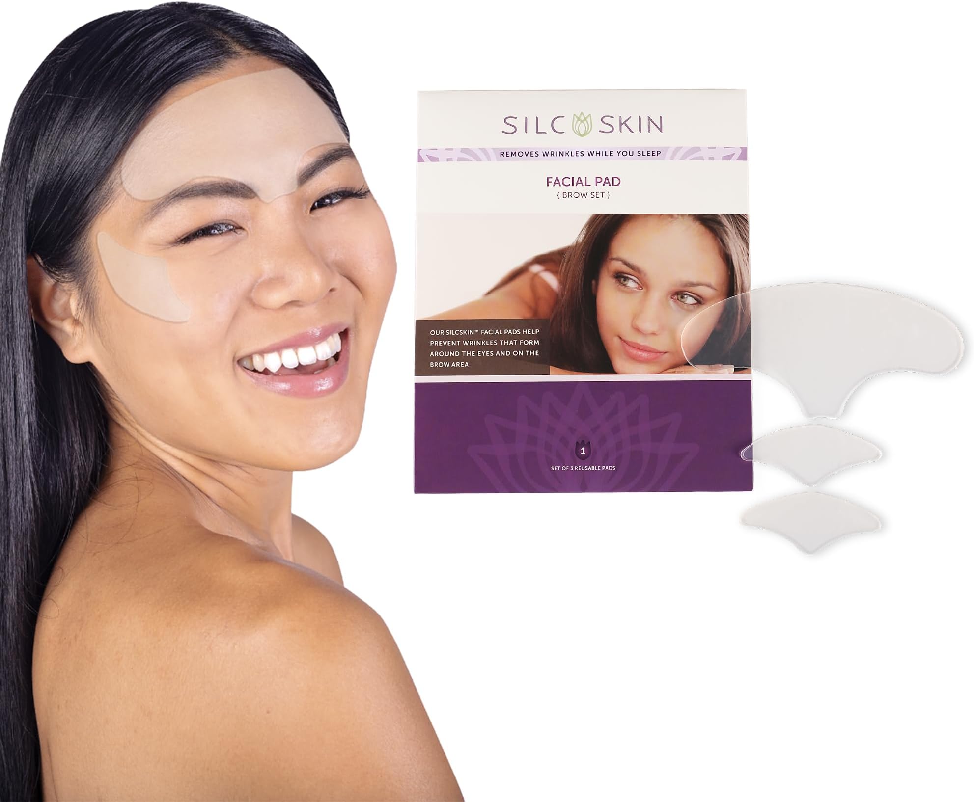 SilcSkin Facial Pads Brow Set - 2 Multi Area Pads, 1 Brow Pad - For Forehead and Facial Areas - Re-usable Self Adhesive Silicone Face Pads, 60 Day Supply
