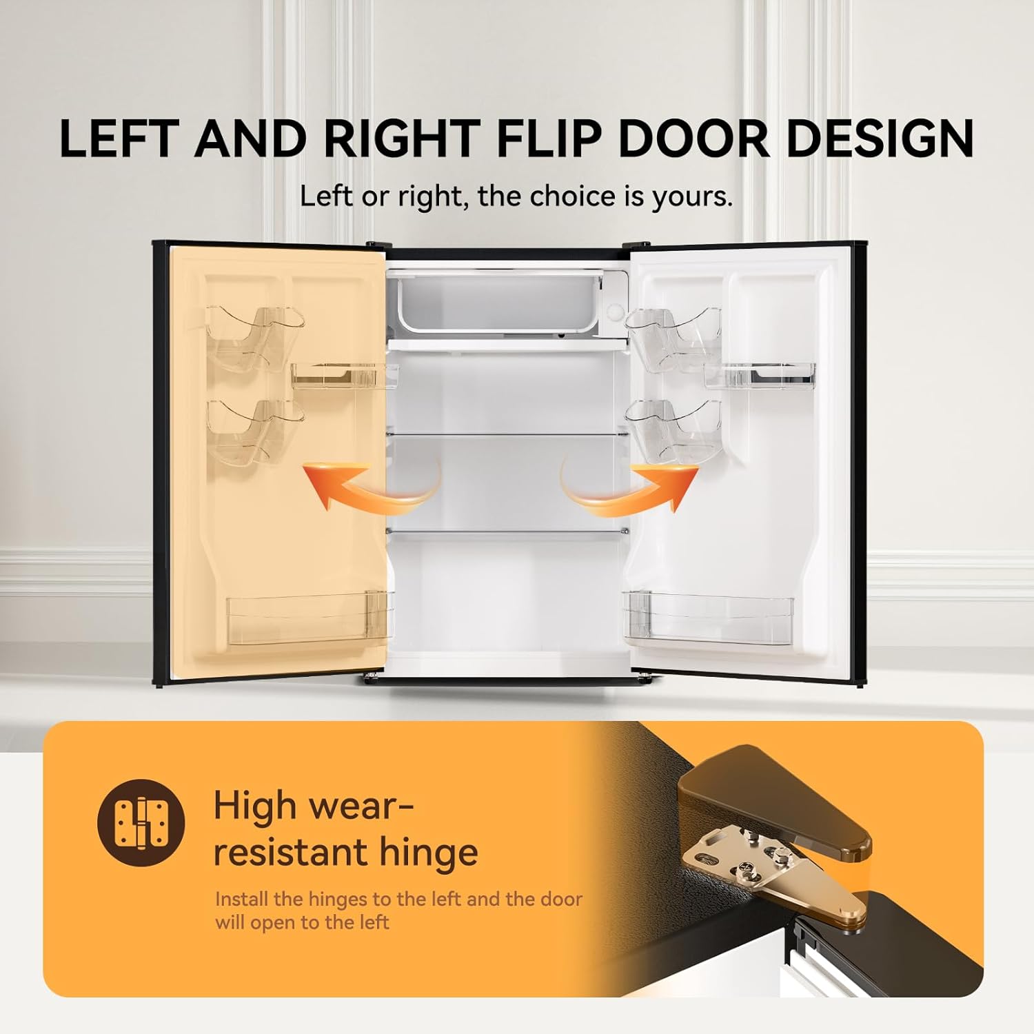 Diagram illustrating the reversible door feature with hinges