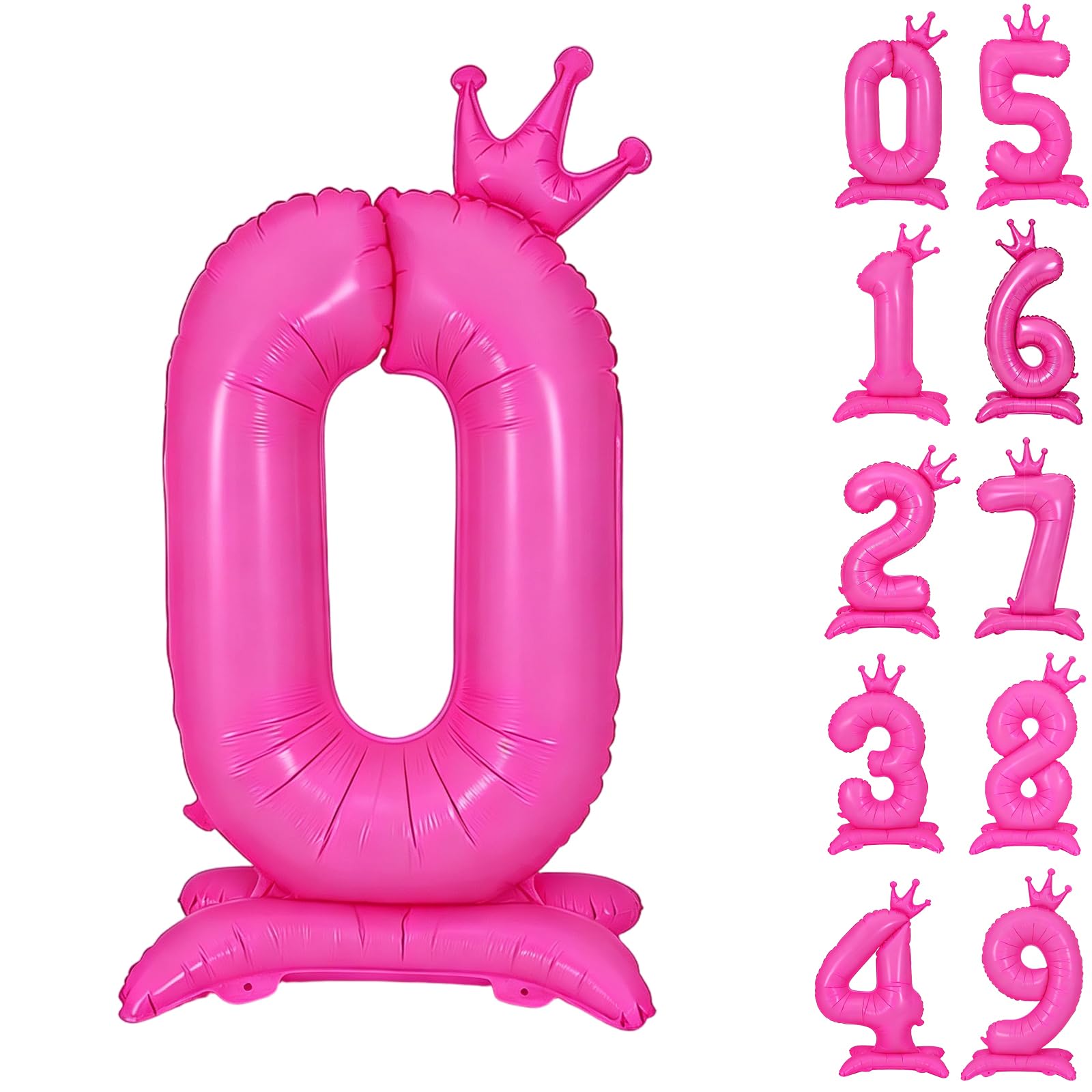 Fluorescent Pink Standing Number 0 Balloon 42 Inch Fluorescent Rose Pink Crown Balloons 0-9 Giant Foil Number 0 Balloon with Crown Birthday Party Decorations Supplies