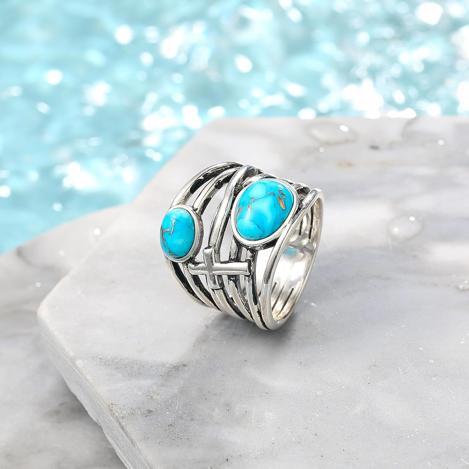 Turquoise Rings for Women, Silver Turquoise Engagement Ring with Cross, Handmade Statement Band Jewelry Gift, Size 6-9