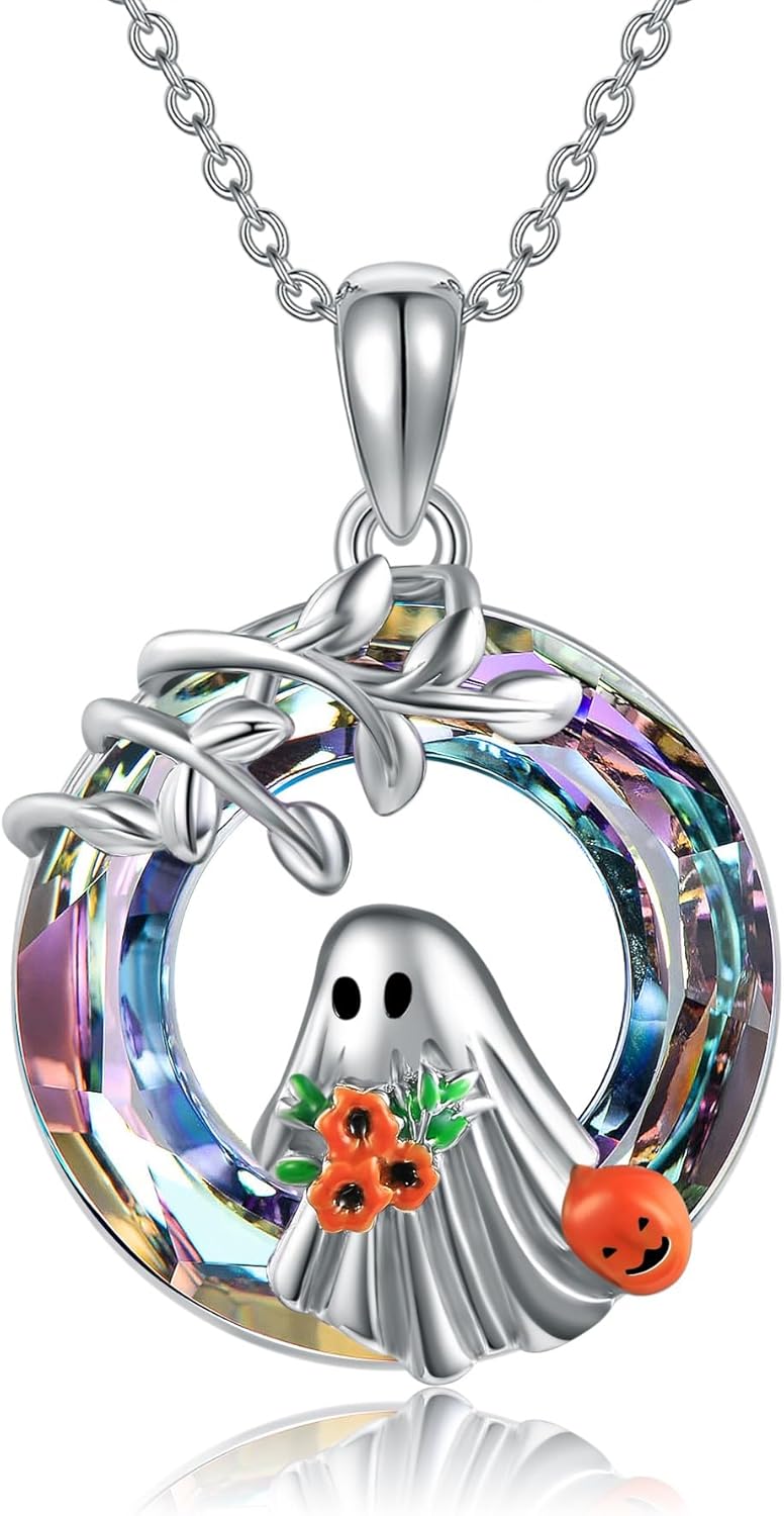 MONGAS Halloween Ghost Necklace Sterling Silver Ghost Pendant Necklace Halloween Ghost Jewelry for Women