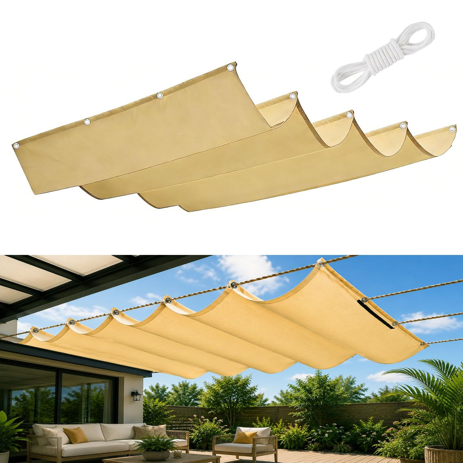 Voile d'ombrage vague pour terrasse et patio 100x500cm toile rétractable jaune sable