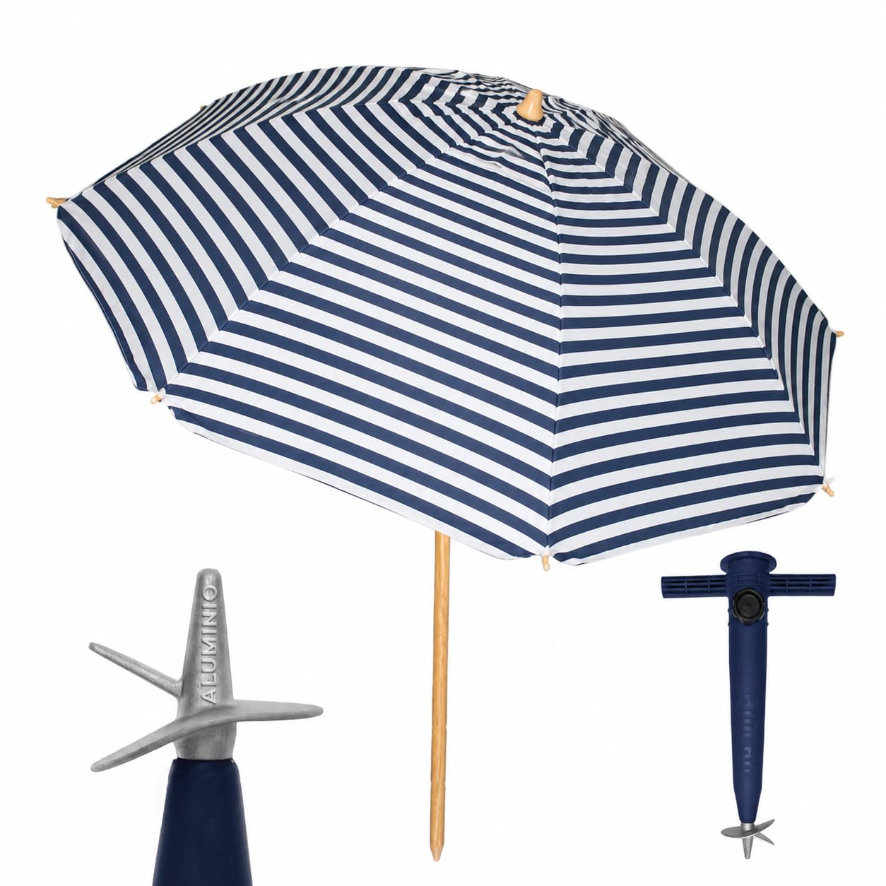 Pincho Ombrellone da spiaggia grande, 200 cm, antivento, con protezione UV50+, tubo in alluminio e 8 stecche in fibra di vetro, reclinabile con finestra superiore, include punta in alluminio