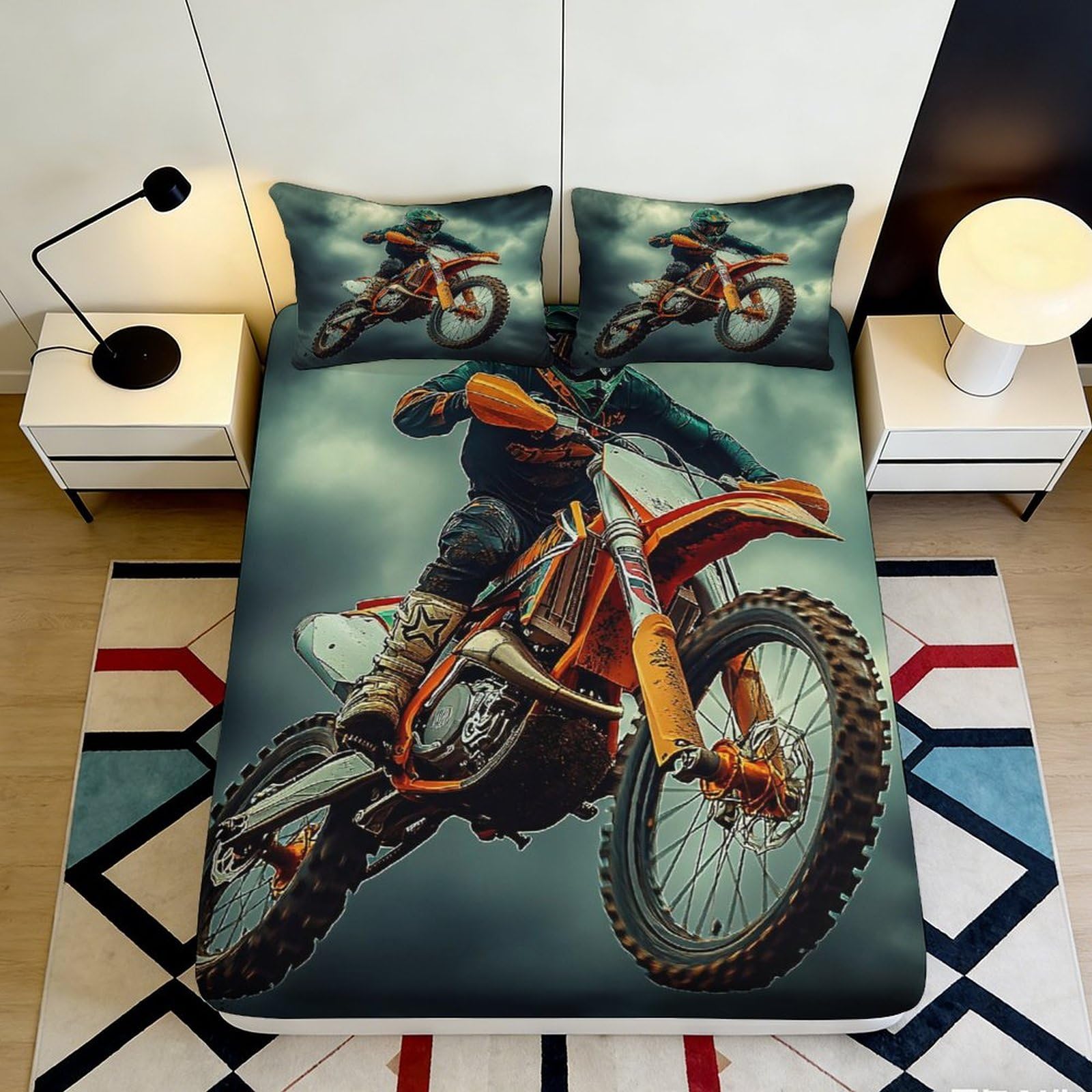 3D Printed Motocross Racing Fitted Sheet Microfiber Orange Motorcycle Bed Cover for Bedroom Dorm Mattress Protection Decor 90x200x25cm