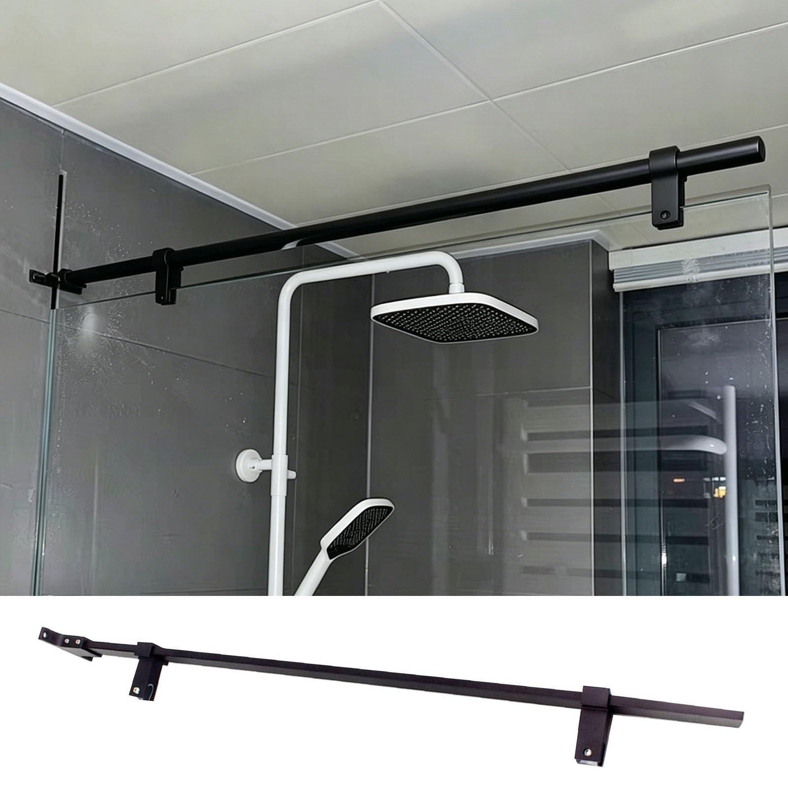 NMKSYX No Drilling in The Glass Shower Rod Stabilizer, Heavy-Duty Fashion Shower Glass Reinforce Bar, Fixed Glass Clamp Support Bracket for Frameless Shower Door(Black,100cm(39 2/5"))