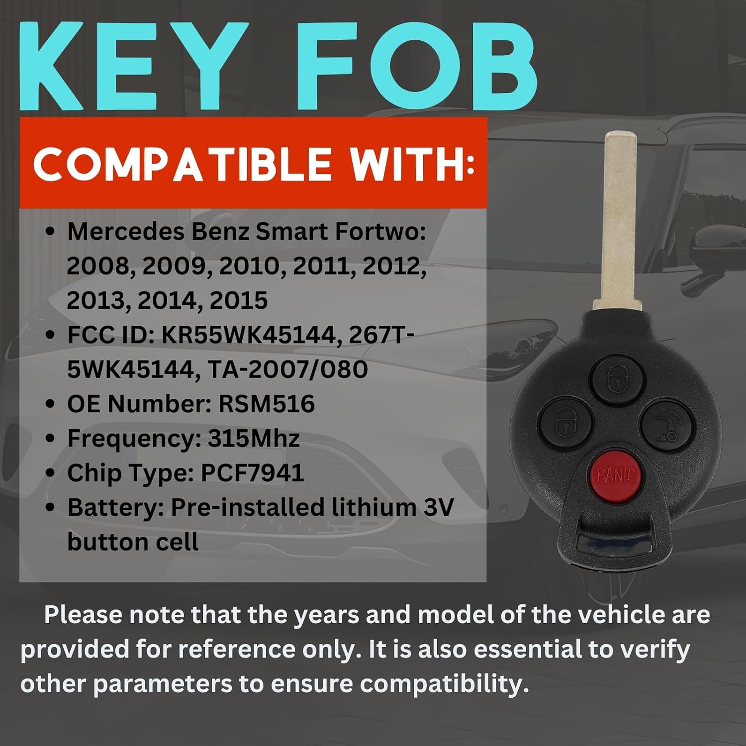 Replacement Keyless Entry Remote Car Key Fob KR55WK45144 315Mhz PCF7941 Chip with 3+1 Buttons for Mercedes Benz Smart Fortwo Key Fob (2008-2015) image 5