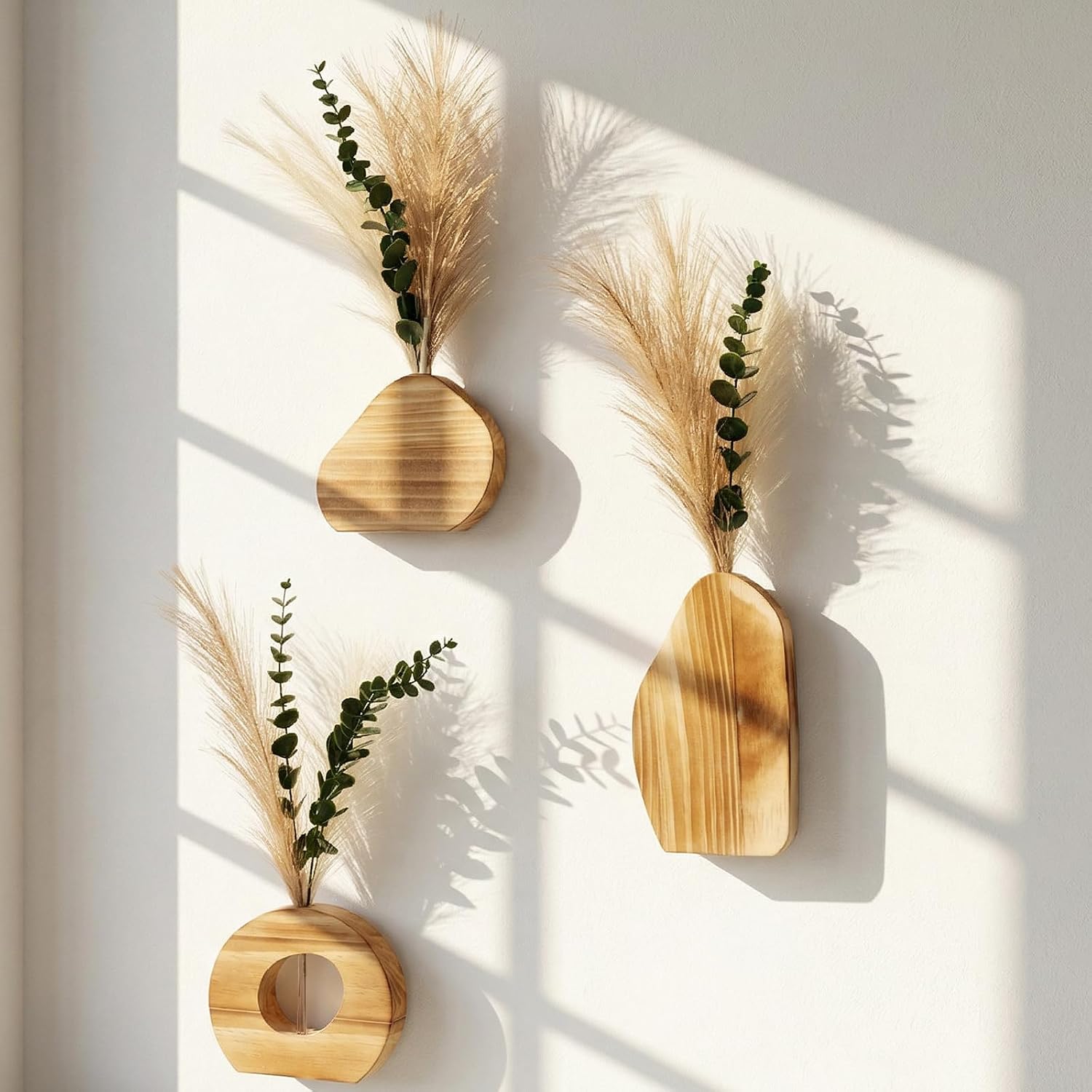 3 Pack Wooden Wall Vase with Pampas Grass & Eucalyptus for Boho Wall Decor