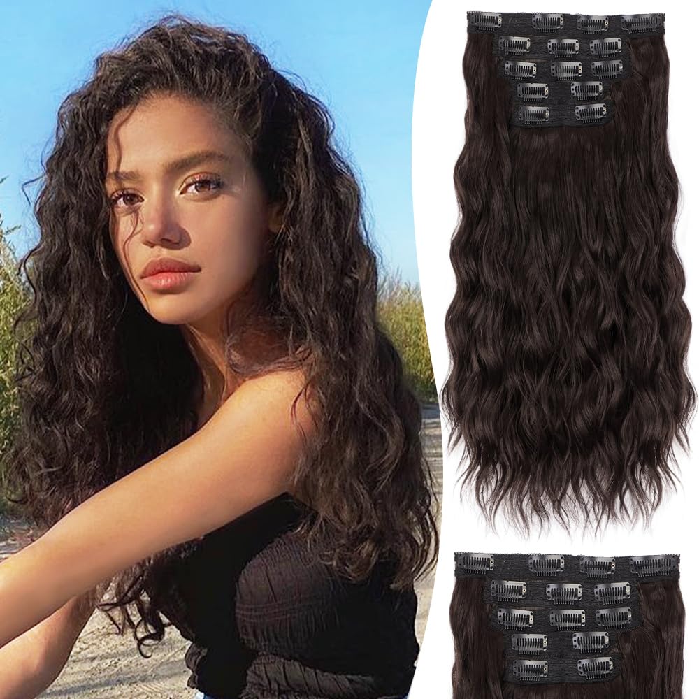 ALXNAN Clip in Hair Extensions, 16" Drak Brown Thick Long Mermaid Waves Hair Extensions Invisible Lace Weft Soft Hairpieces For Women