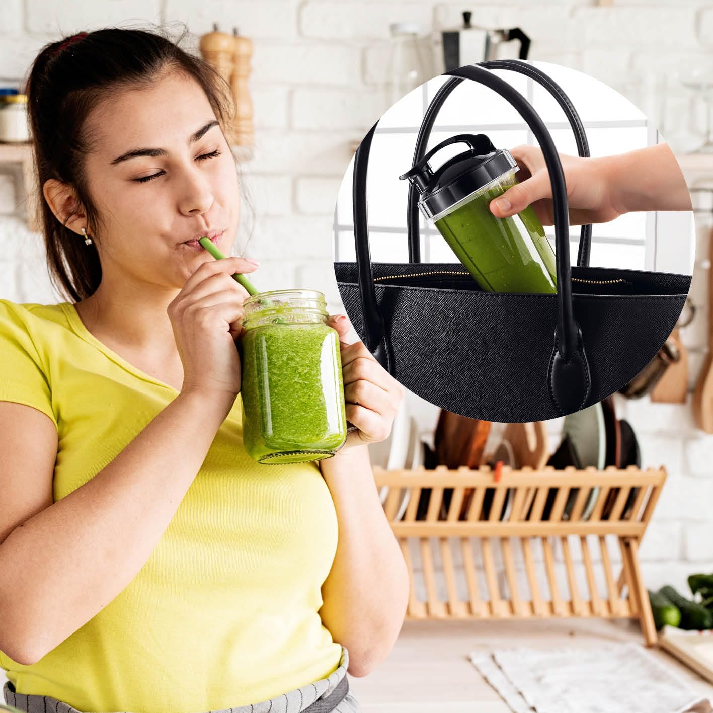 A woman enjoying a green smoothie, with a GOURMETmaxx Mr. Magic Power Pro Blender cup with a To-Go lid being placed into a handbag in the background.