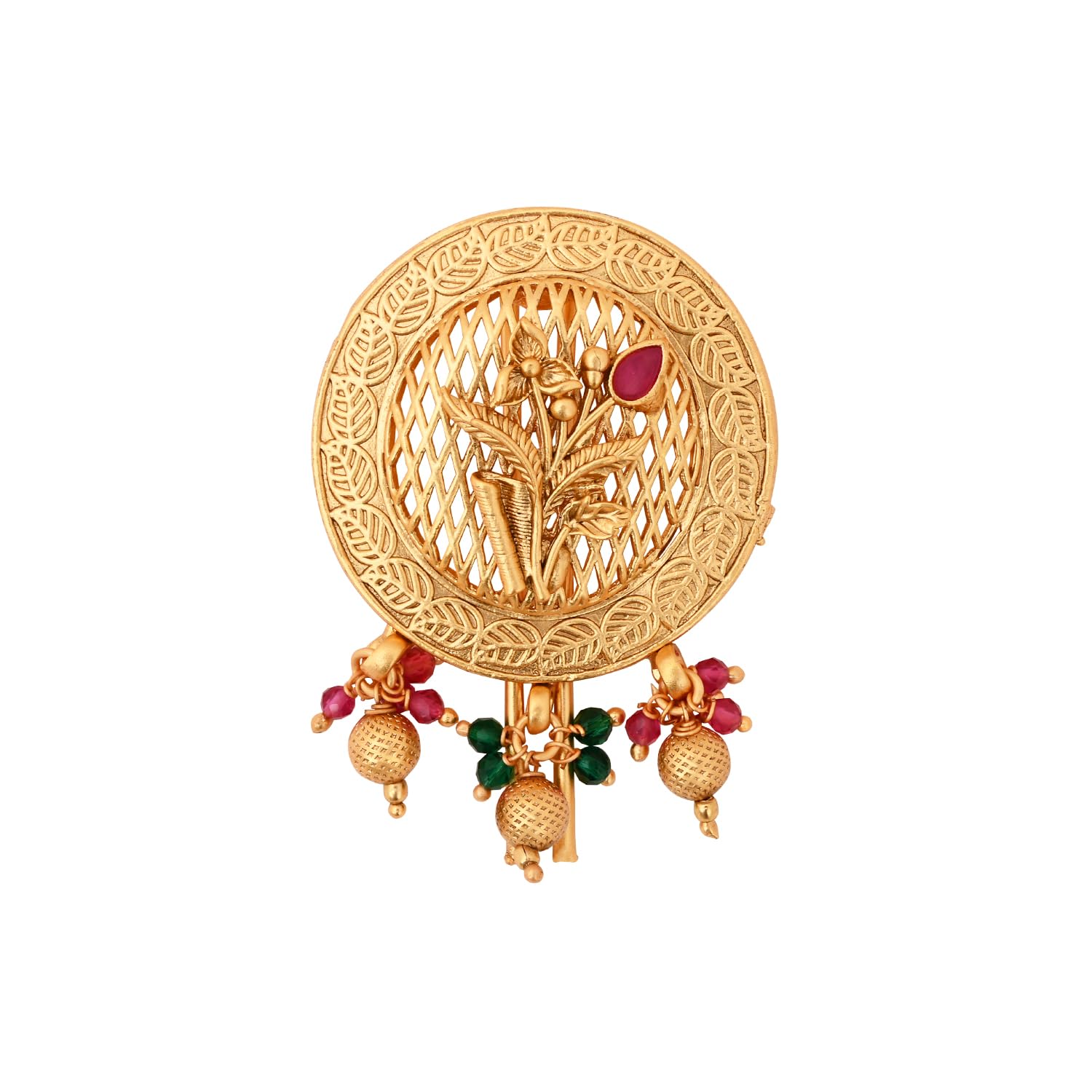 I Jewels Round Gold Plated Indian Bollywood Wedding Hair Clip with Leaf Pattern and Beads for Festive Hairstyles for Women (SM90)
