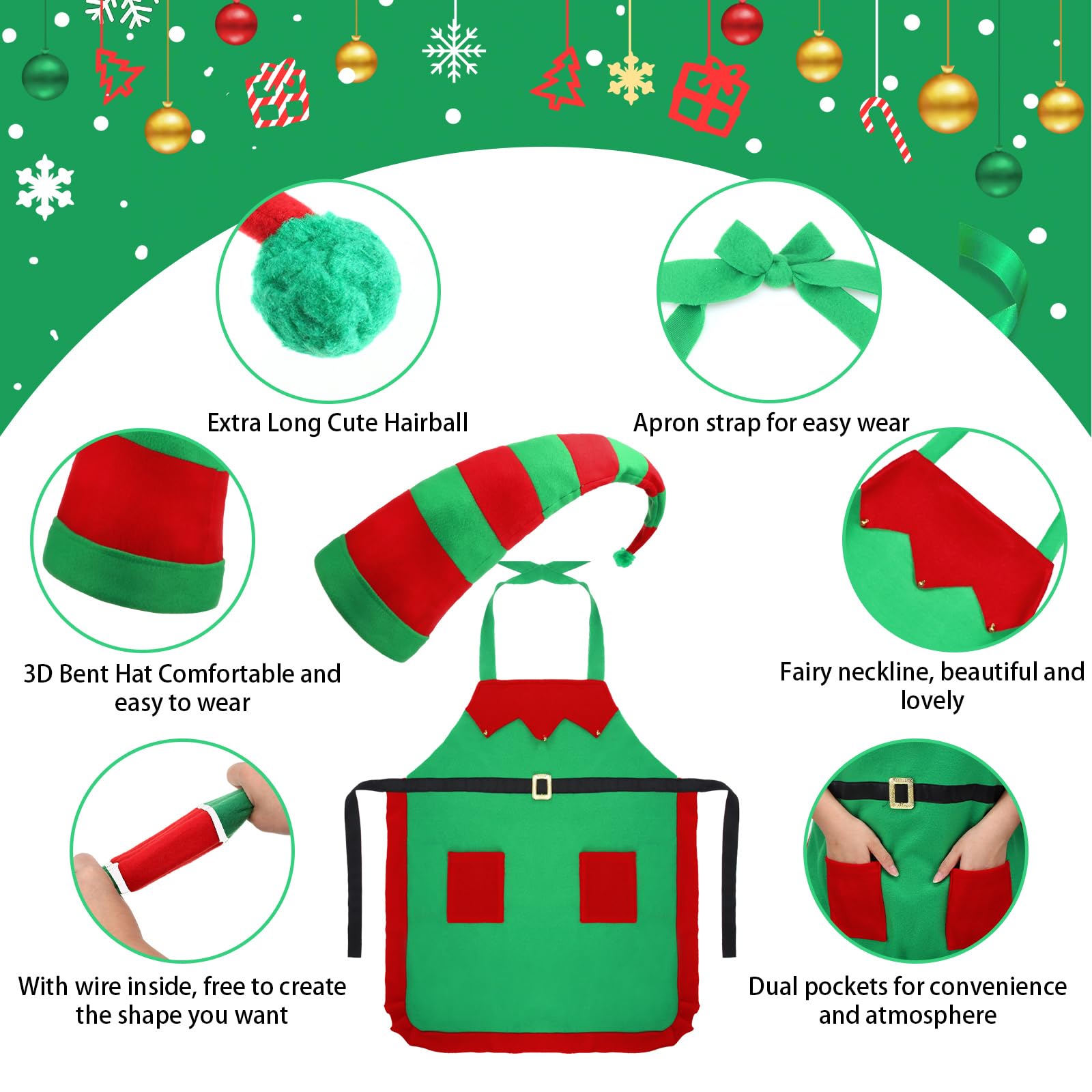 Liitrsh Juego de 10 disfraces de elfo de Navidad para mujeres adultas, 2 delantales de tela, sombrero de terciopelo, medias a rayas, orejas de elfo y zapatos
