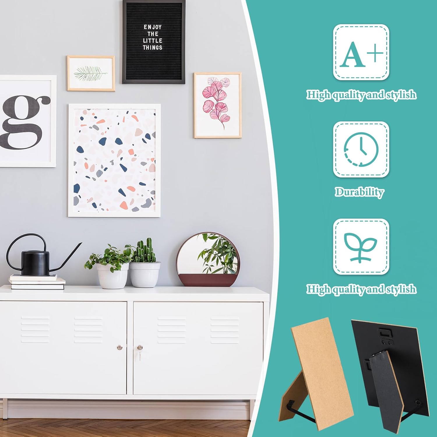 10 Pcs Black Easel Back for Picture Frame 4 x 6 inch DIY Picture Frame Backing Board with 2 Metal Hinged Hangers for Photo Tile Art Tabletop Wall Mounting, Vertical or Horizontal