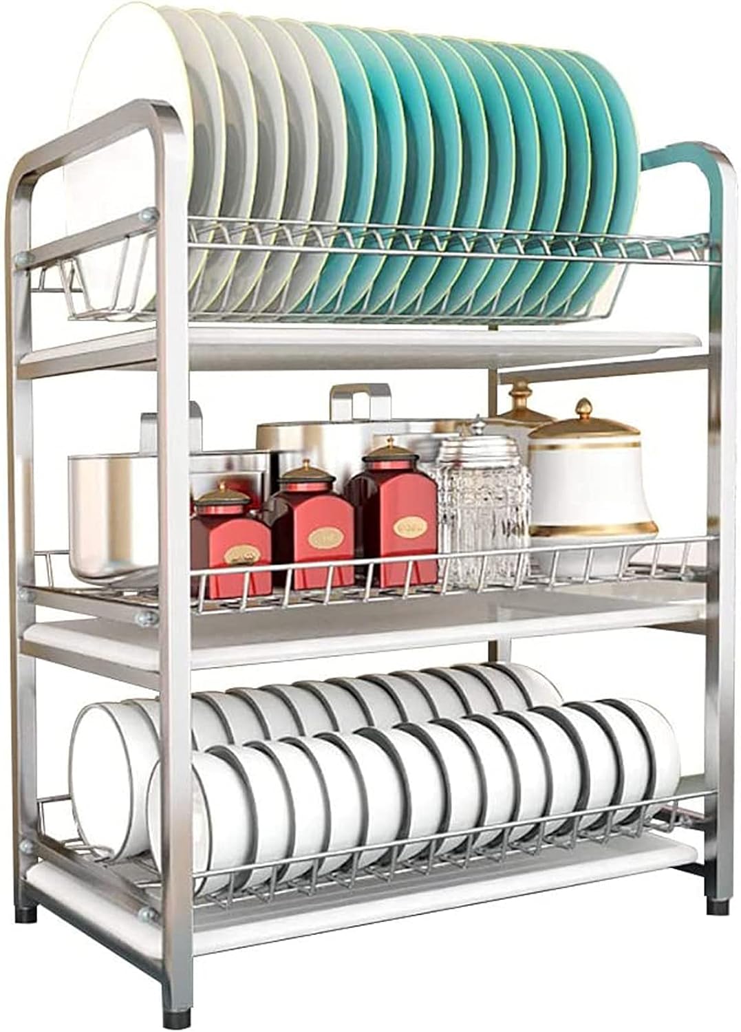 YUEGOO Escurridor de platos de acero 304 con soporte y organizador de utensilios, 3 capas, estante para secadora de platos, gran capacidad, ahorro YUEGOO Escurridor de platos de acero 304 con soporte y organizador de utensilios, 3 capas, estante para secadora de platos, gran capacidad, ahorro