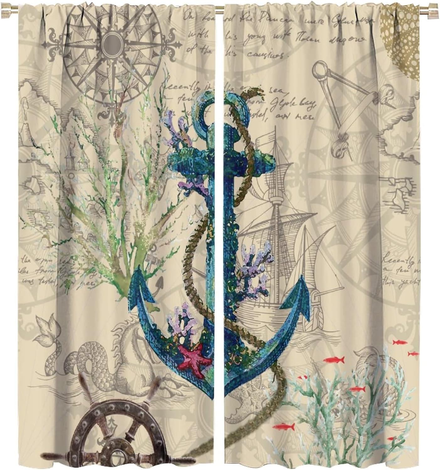 Nautical Ocean Anchor Blackout Curtains for Bedroom,Retro Wooden Rustic Underwater World Compass Anchor Window Curtains Rod Pocket 2 Panels 63L x 27.5W