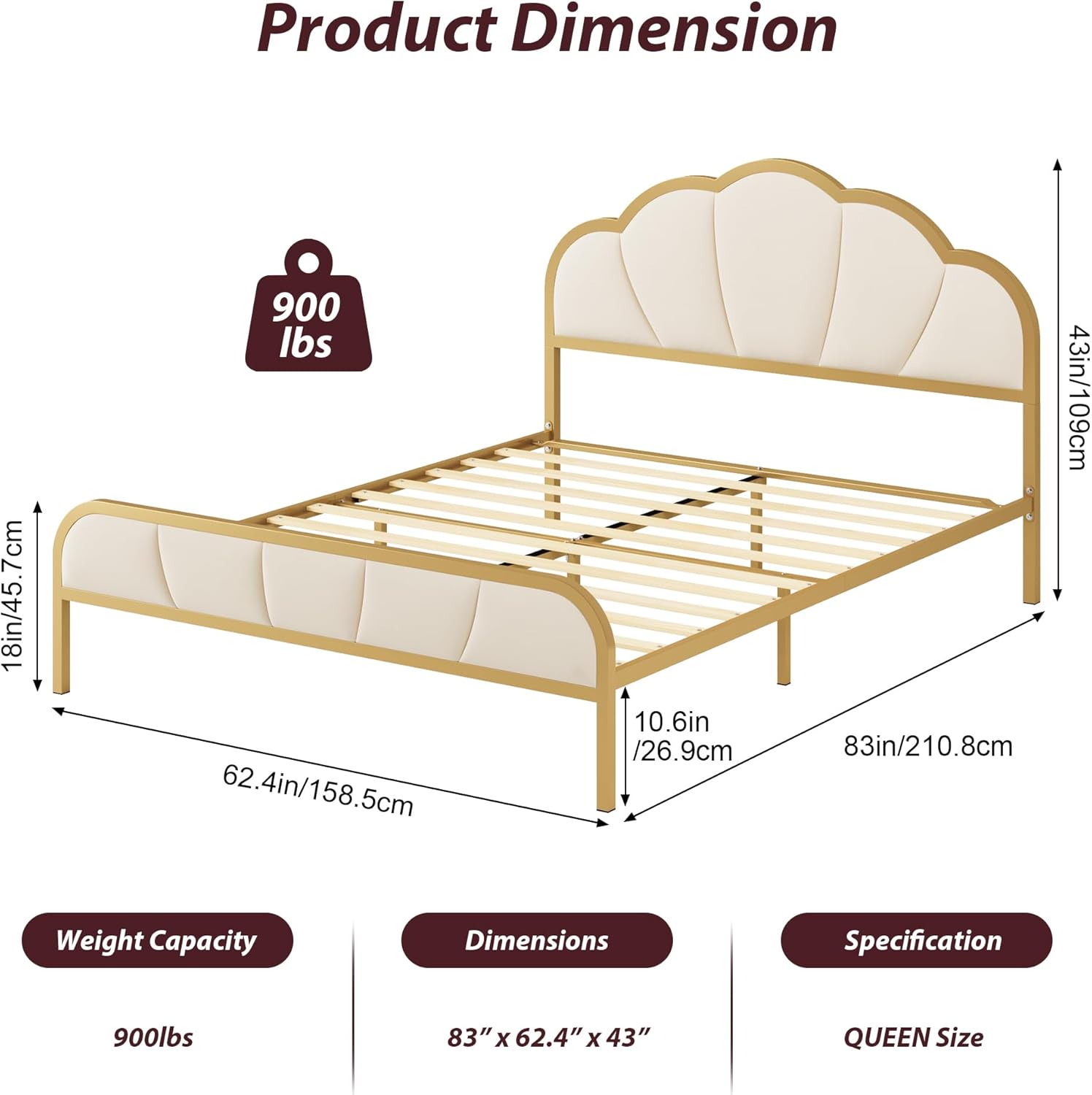Diagram showing the product dimensions and weight capacity of the Queen bed frame