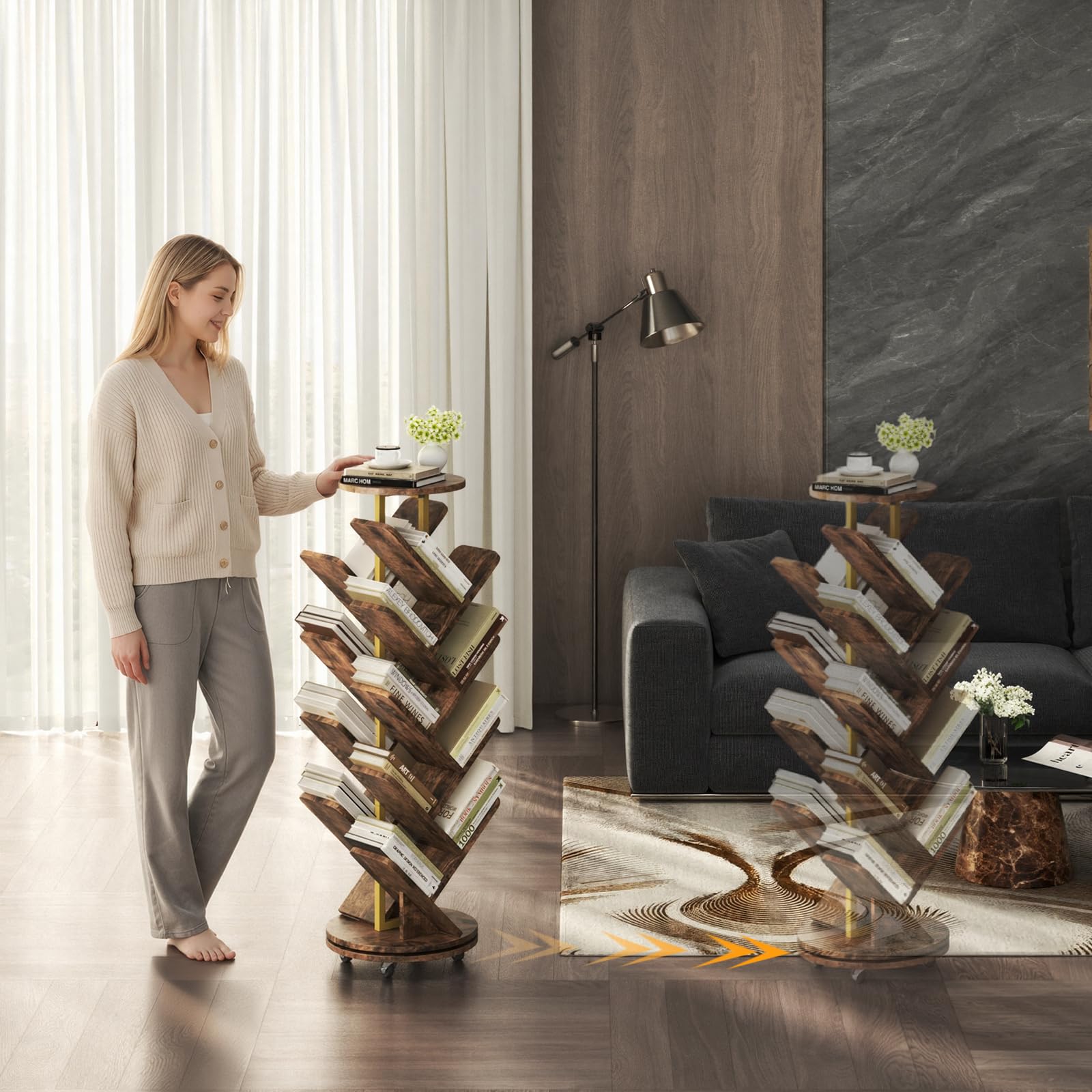HOMRELEXA 360° Drehbares Bücherregal Baumform, Bücherregal Drehbar Standregal Multifunktionales 17 Ebenen, Beweglich und Feststellbar, für Wohnzimmer Büro Schlafzimmer, 40x40x127cm, Braun