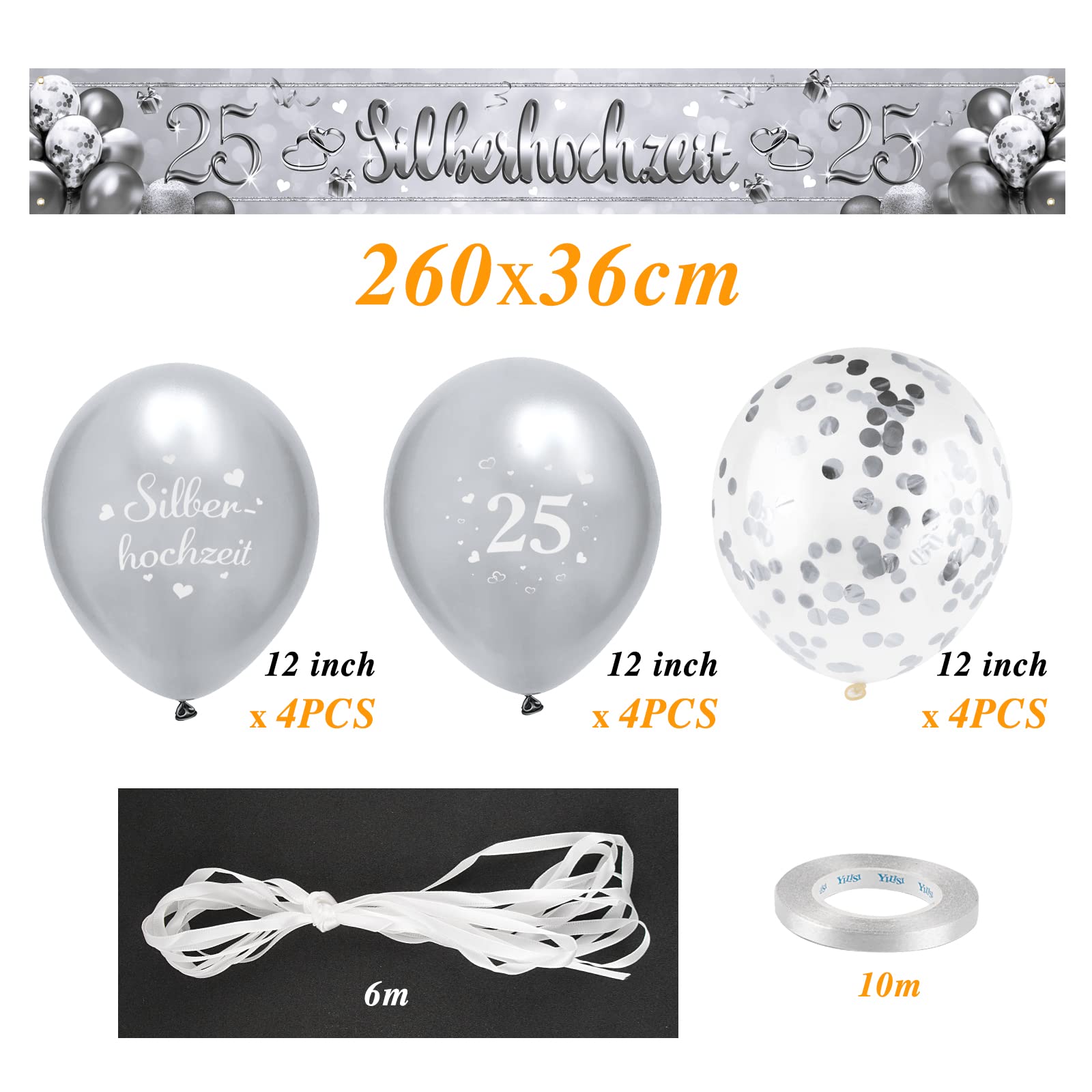 Silberhochzeit Deko-Set - Banner 270x35 Cm & 12 Luftballons Für 25. Hochzeitstag
