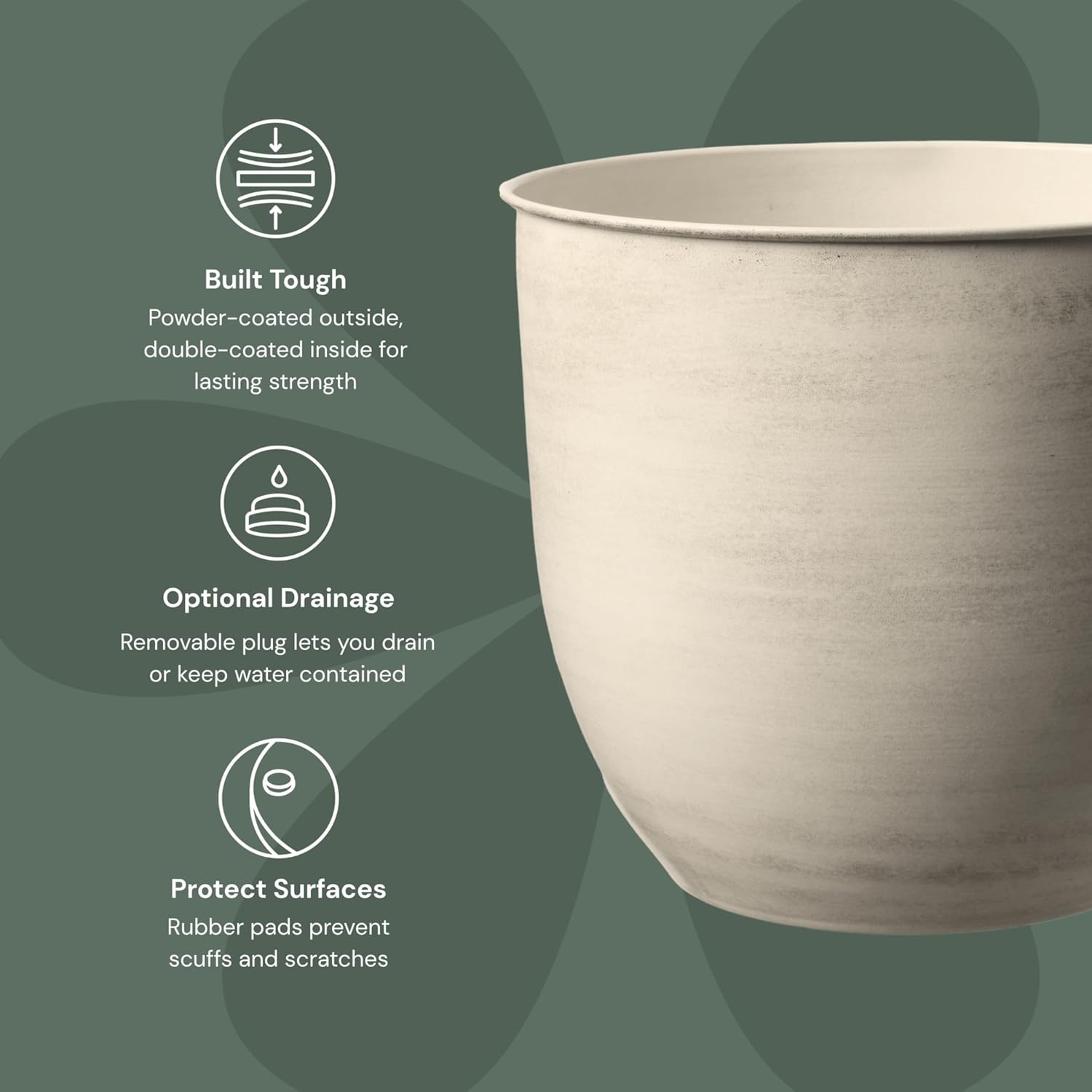 Bloem Canyon 12" Indoor Metal Cachepot - Glossy Decorative Planter with Powder-Coated Finish, Removable Drain Plug, Cream