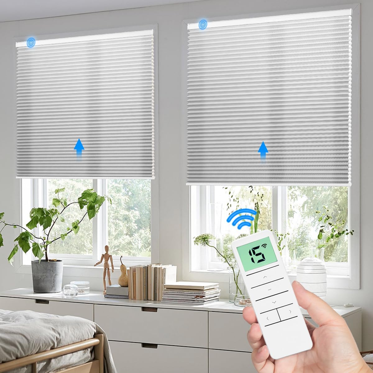 Tokblind Motorized Cellular Shade with Remote Control, Light Filtering Electric Honeycomb Shade, Rechargeable Smart Window Shade (Light Filtering Light Grey)