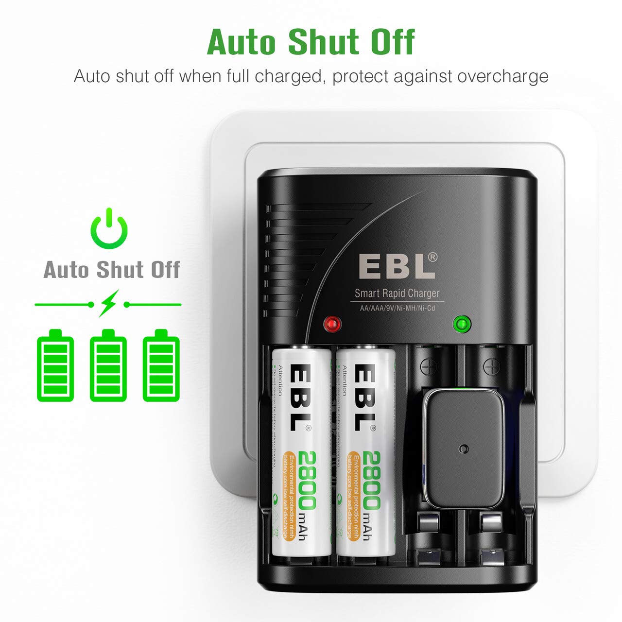 EBL Smart Rapid Charger plugged into a wall outlet with batteries, showing auto shut off feature