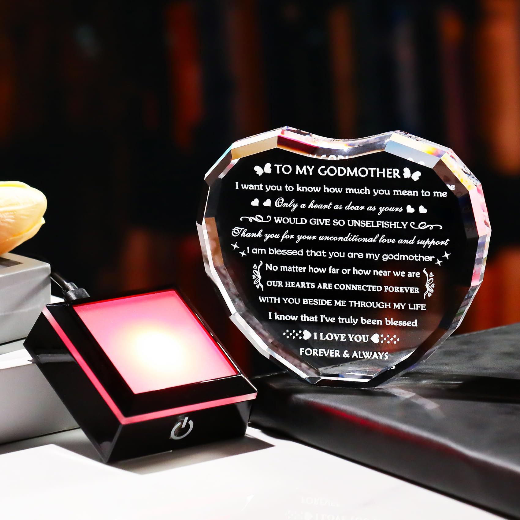 Arikyrist Geschenk für Patenkind mit buntem Lichtsockel, Geburtstagsgeschenk für Patentante, Kristallherz, Andenken an meine Patentante, Geschenke von Patentochter, Patensohn zum Muttertag