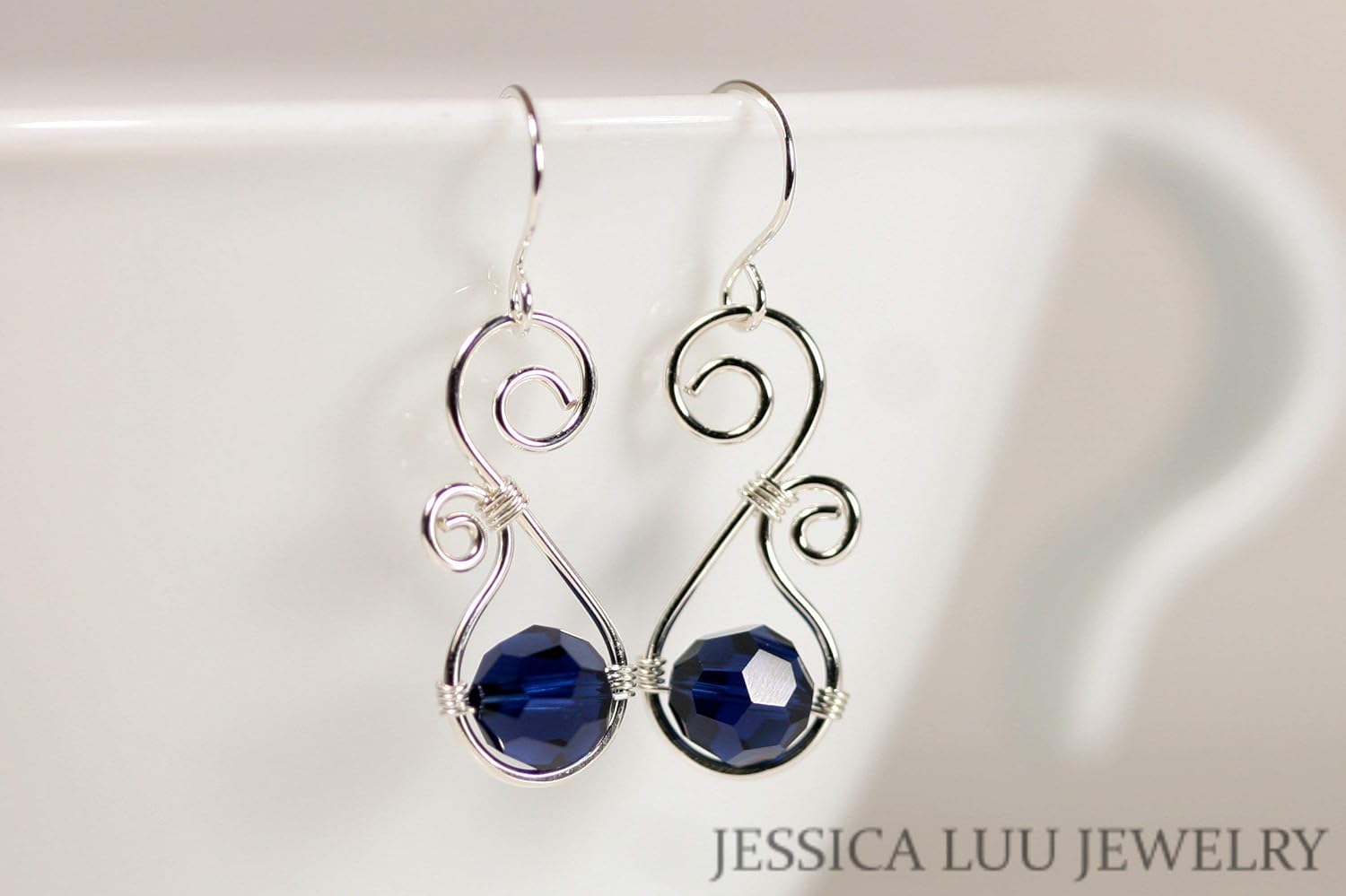 Jessica Luu Jewelry Sterling Silver Navy Blue Dangle Earrings Dark Indigo Austrian Crystals Handmade