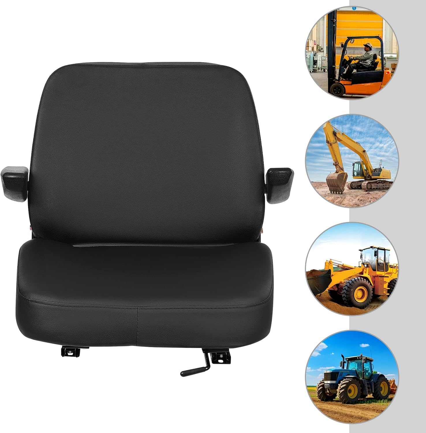 Asiento universal de repuesto, 28×23 cm Instalación de vías, Asiento de Tractor con vías, para carretilla elevadora con reposabrazos ajustables, construcción de PVC resistente, Exterior 48×46×51 cm