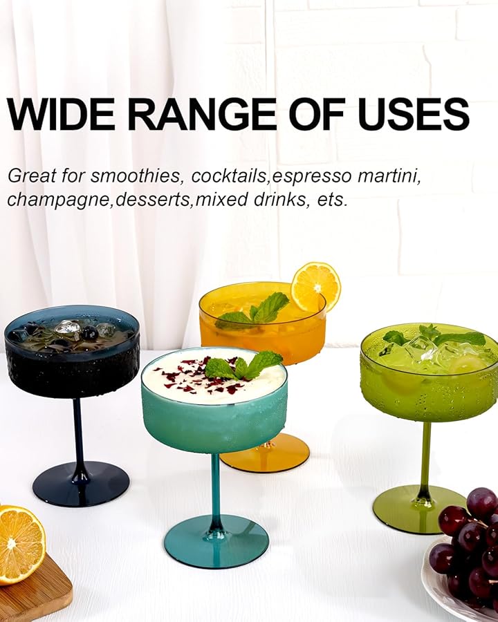 Ciaell 12PCS Plastic Martini Glasses - 10 Oz Colored Disposable Coupe Glasses with Stem - Heavy Duty Margarita Cups for Bars, Cocktails, Whiskey, Parties & Wedding - image 2