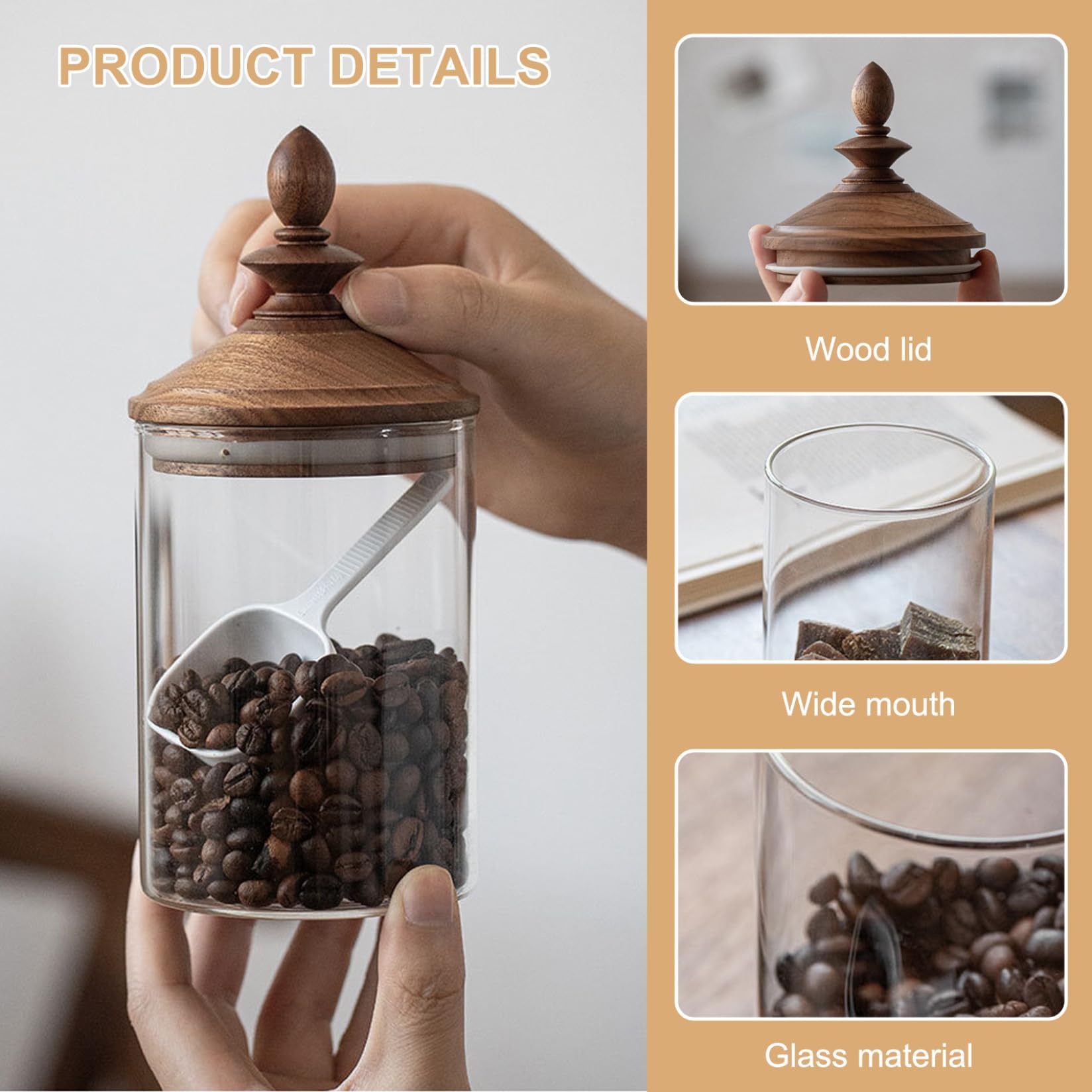 Glas-Kaffeebohnen-Glas, luftdichter Retro-Holzdeckel, transparenter Behälter mit Löffel, Küchen-Aufbewahrungsbehälter für Tee, Gewürze und mehr, 550 ml