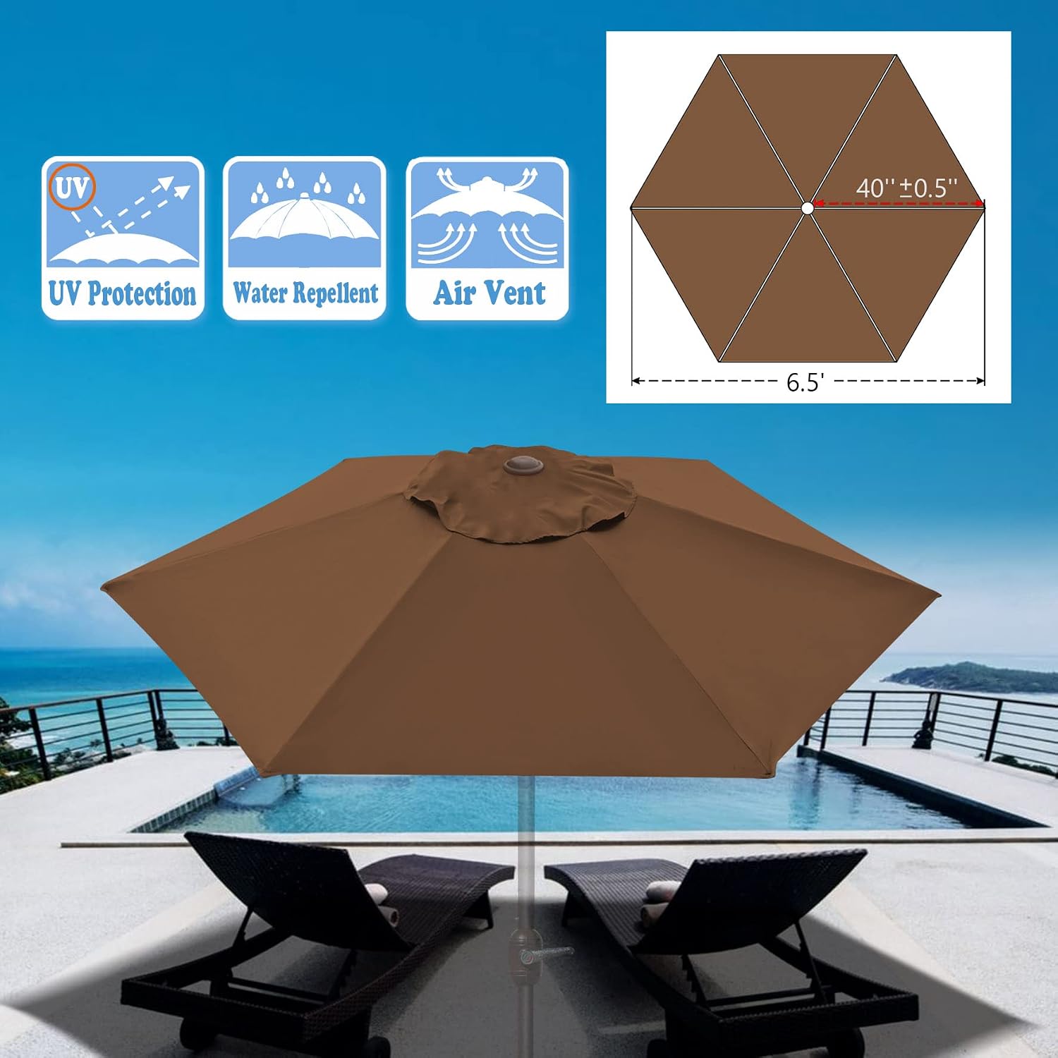 Replacement Umbrella Canopy Cover for 6.5ft 6 Ribs Patio Market Umbrella (CANOPY ONLY)