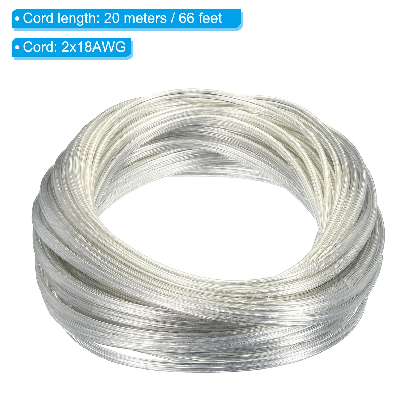 PATIKIL Cable de PVC de 66 Pies (20 Metros) 18/2 Cubierto, Cable Redondo SVT de 300V Aislado Resistente al Calor para Cable de Lámpara Led, Transparente, Certificado UL