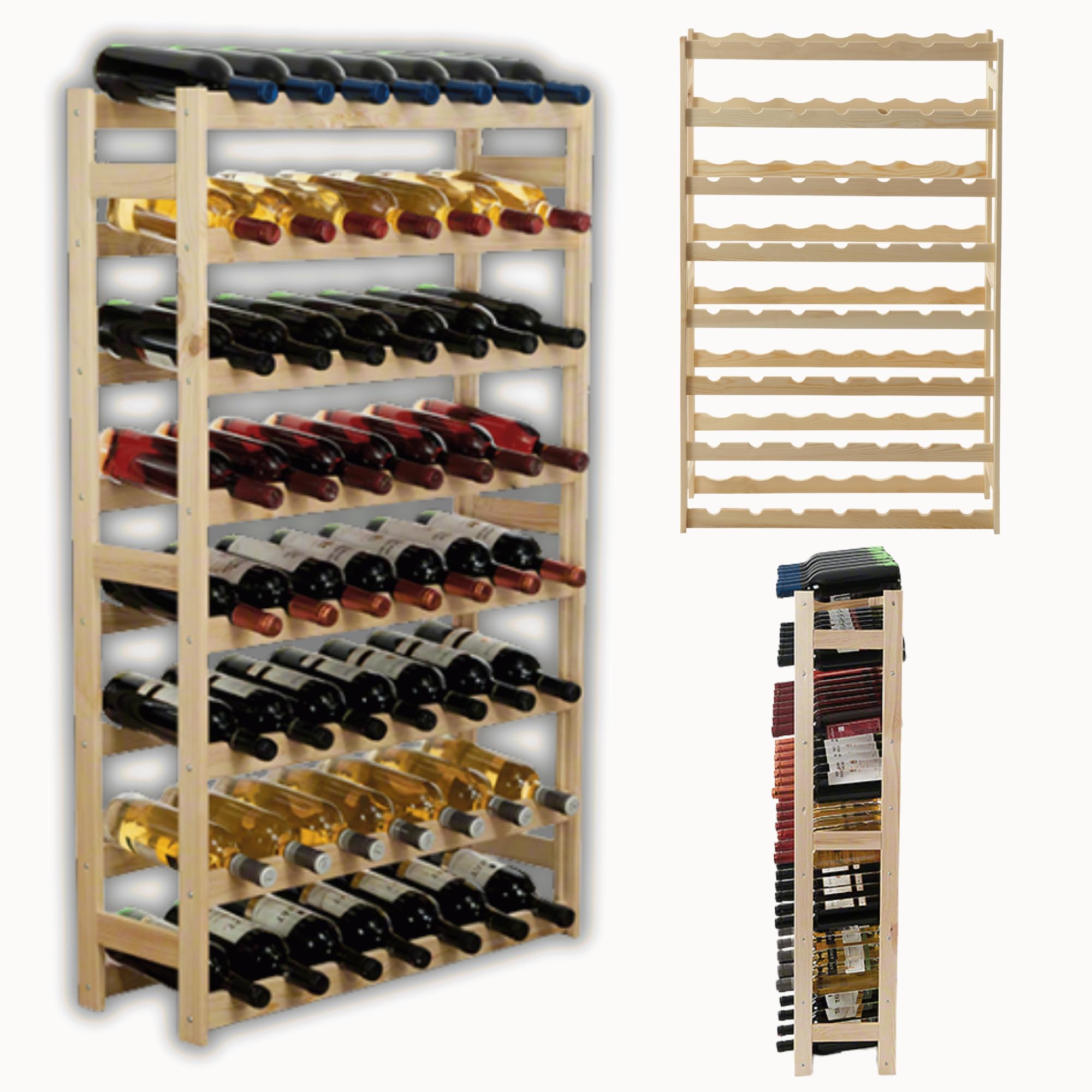 Flaschenregal, Weinregal Holz für 56 Flaschen, Weinschrank, Weinständer, Getränkeregal, Weinflaschenhalter, Flaschen Organizer, Flaschenständer, Abmessungen 118x72x25 cm, Farbe: Natur