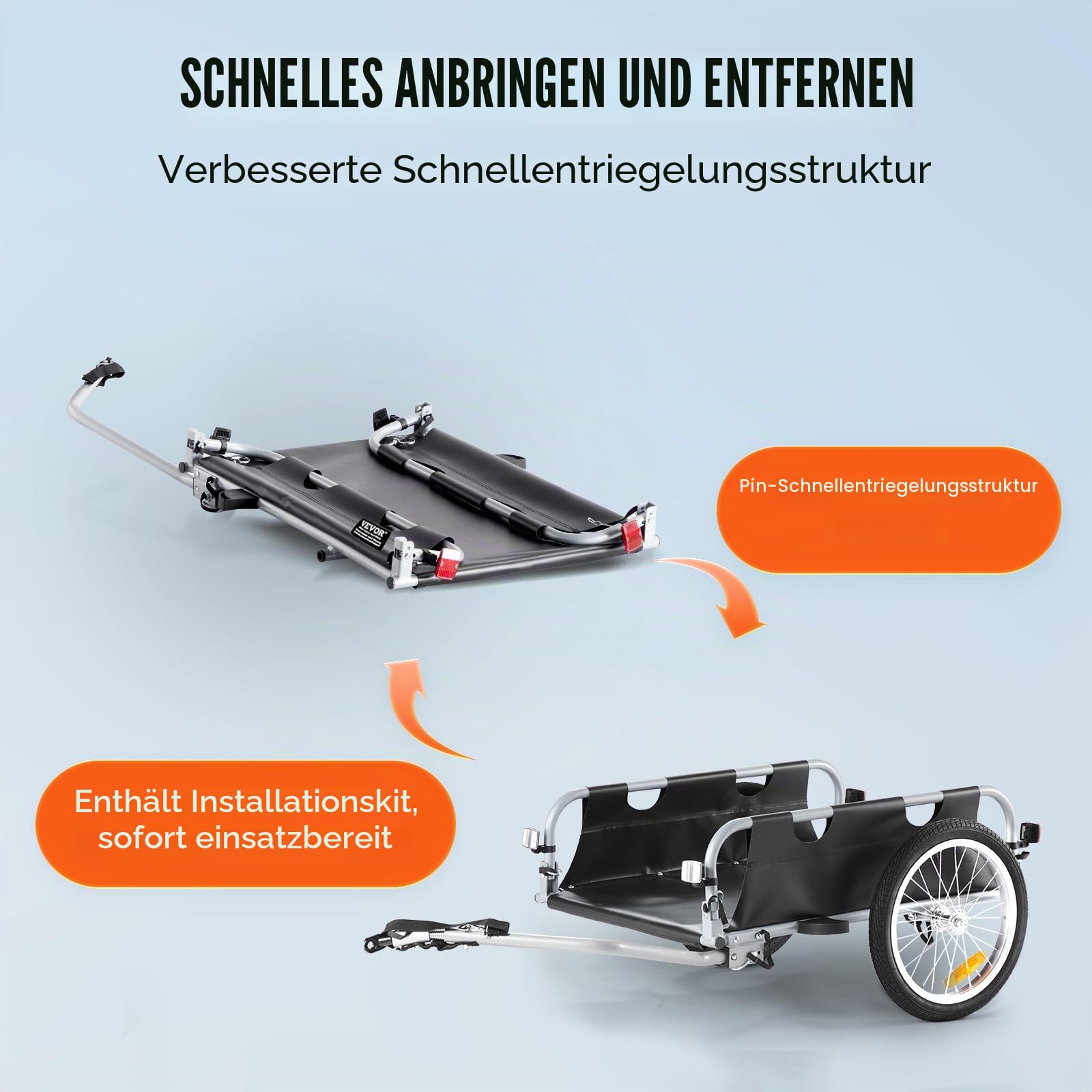 VEVOR Fahrrad-Lastenanhänger, 88/100/72,6 kg Tragfähigkeit, robuster Fahrradwagen, zusammenklappbar, kompakt, mit Universalkupplung