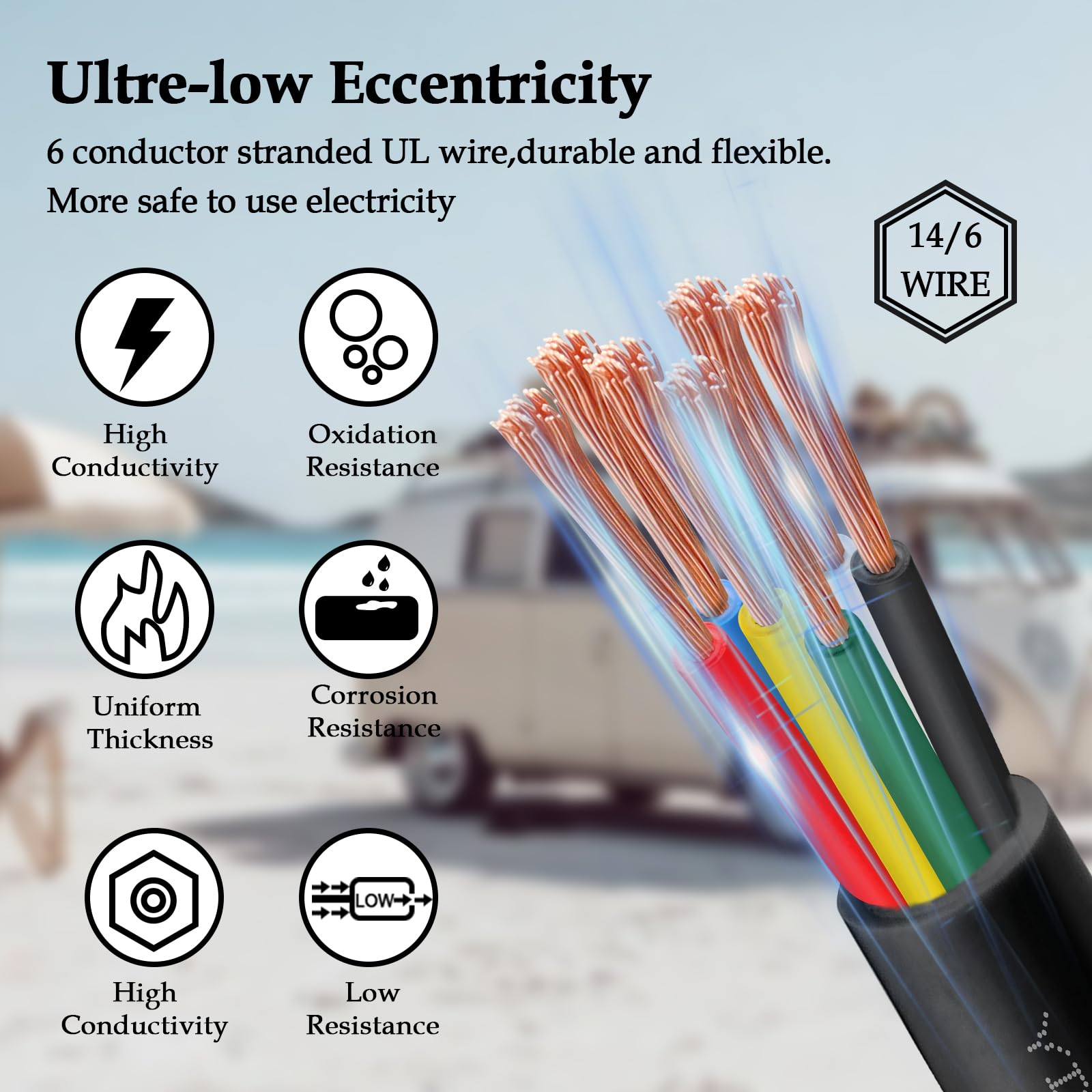 6-drożny kabel do przyczepy, 14/6, wytrzymały, 30 m, 100% czysta miedź, 6-żyłowy, kabel do przyczepy, 14 G, 6-przewodowe okablowanie, przedłużacz, izolowany do kampera i samochodu