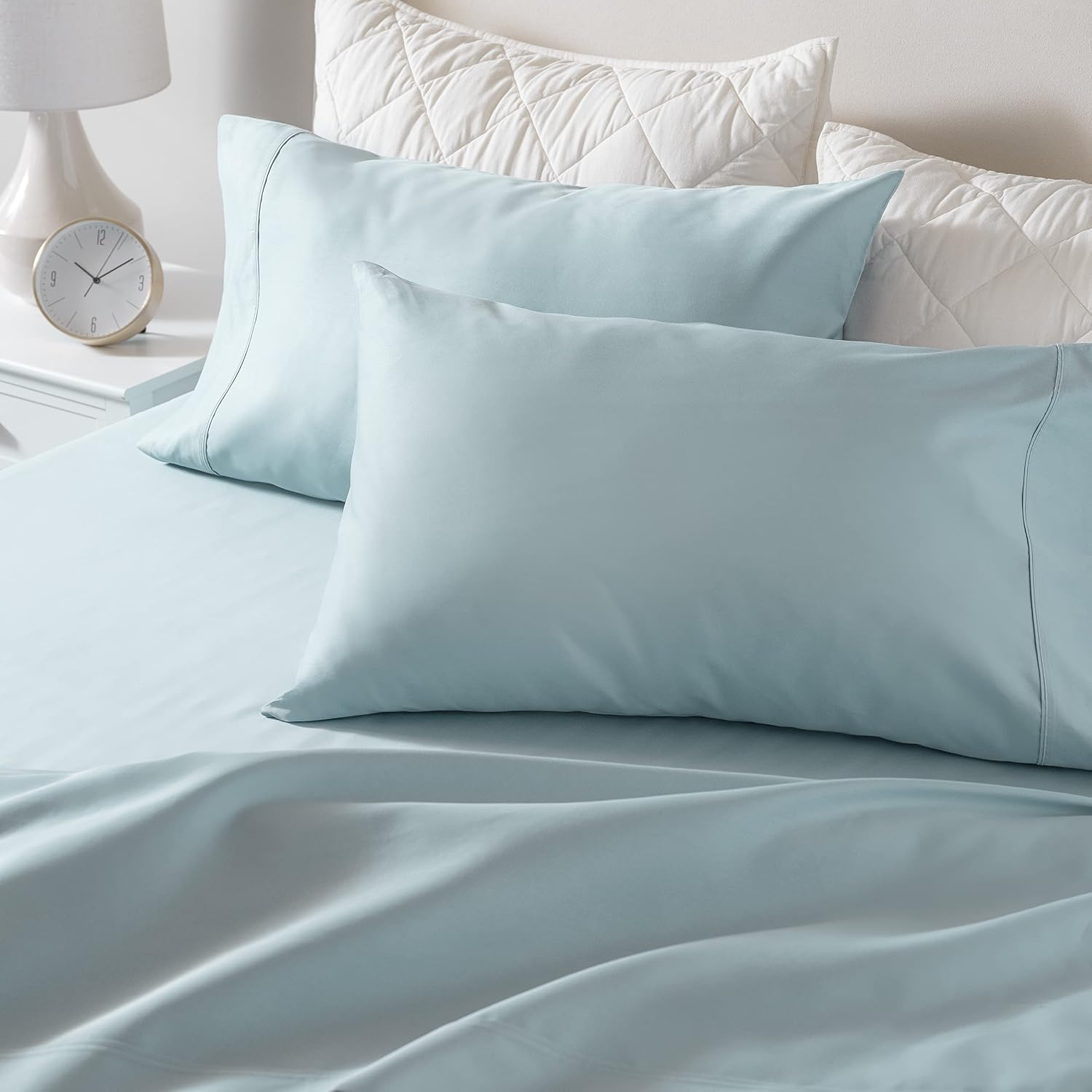 Welhome 100% Cotton Sateen Sheet | 4 Piece Set | Queen | Blue | 500 Thread Count | Deep Pocket Fitted Sheet Fits Mattress Upto 16" | Silky Soft | Classic | Easy Fit | All Season