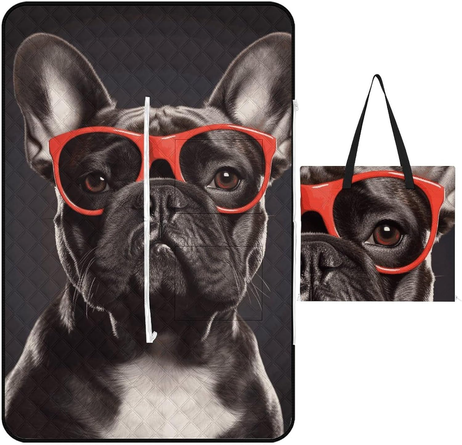 French Bulldog Picnic Blanket 150x100cm, Foldable 2-in-1 Picnic Mat and Tote Bag Portable Waterproof Beach Mat Sandproof Outdoor Blanket for Park, Hiking, Beach, Camping, Travel