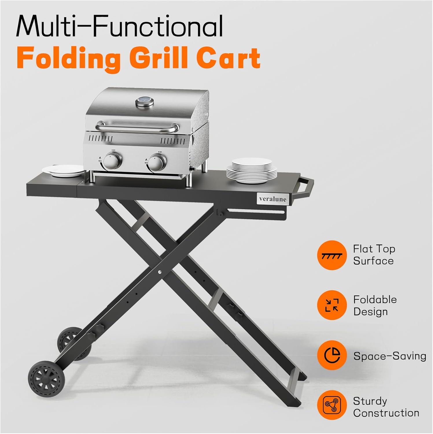 veralune Folding Grill Table, Outdoor Prep Table with 2 Wheels, Adjustable Height Portable Grill cart for Outdoor Cooking Camping BBQ Tailgating Picnicking