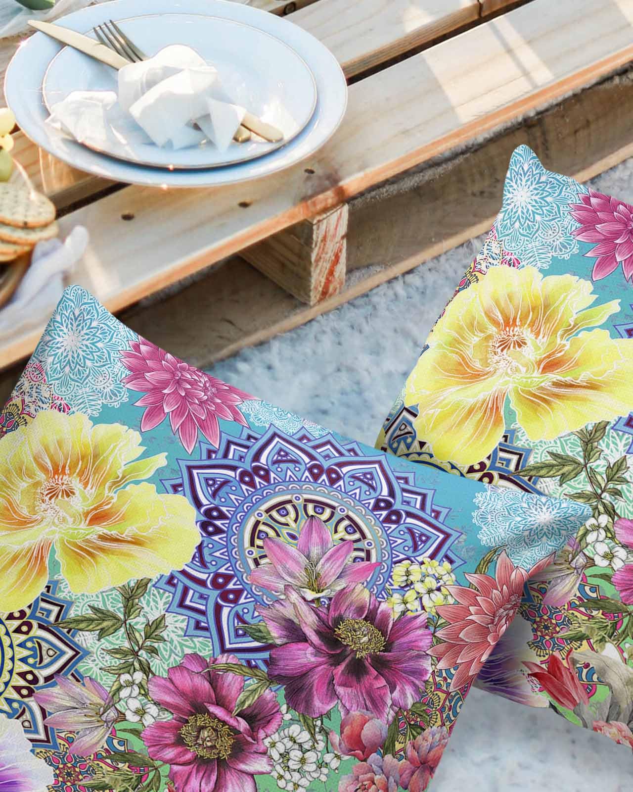 HELLOWINK Outdoor Pillows Waterproof Pillow Covers Set of 2 Bohemian Mandala Polyester Throw Pillow Covers Garden Cushion Case for Patio Funiture Sofa Decoration 20x20inch Ethnic Pattern Flower Peony