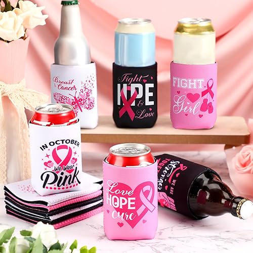 Miniatura 5 de Sunnyray 24 fundas para enfriadores de latas de concienciación sobre el cáncer de mama, cinta rosa, cubierta de cerveza para latas de cerveza,