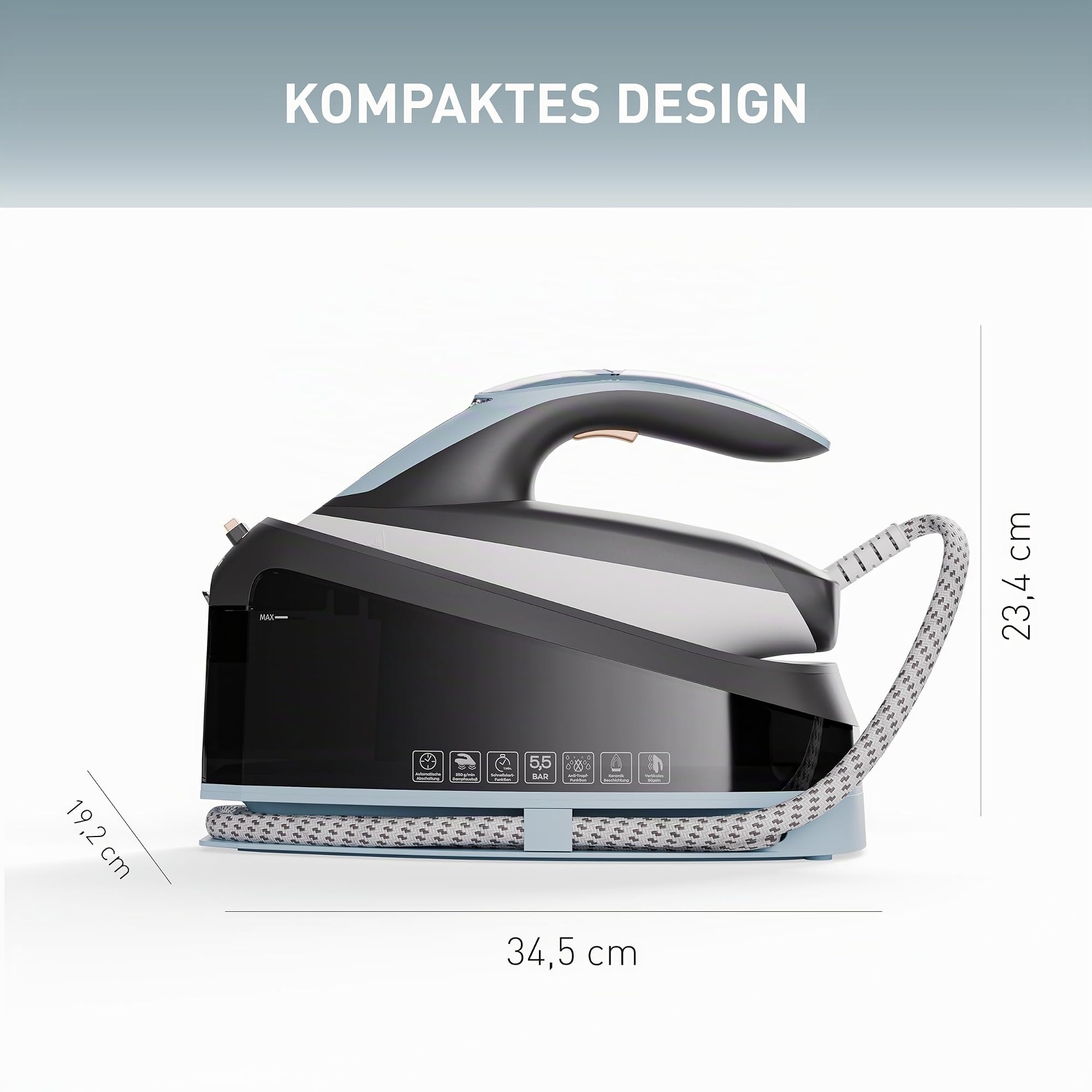 HEINRICHS Dampfbügelstation, 250 g/min Dampfstoß, 5,5 Bar Druck, 3 Funktionen, integriertes Display, großer 1,5 L Wassertank, Keramikbügelsohle, Selbstreinigungsfunktion, 3200 W Leistung, Schwarz-Blau