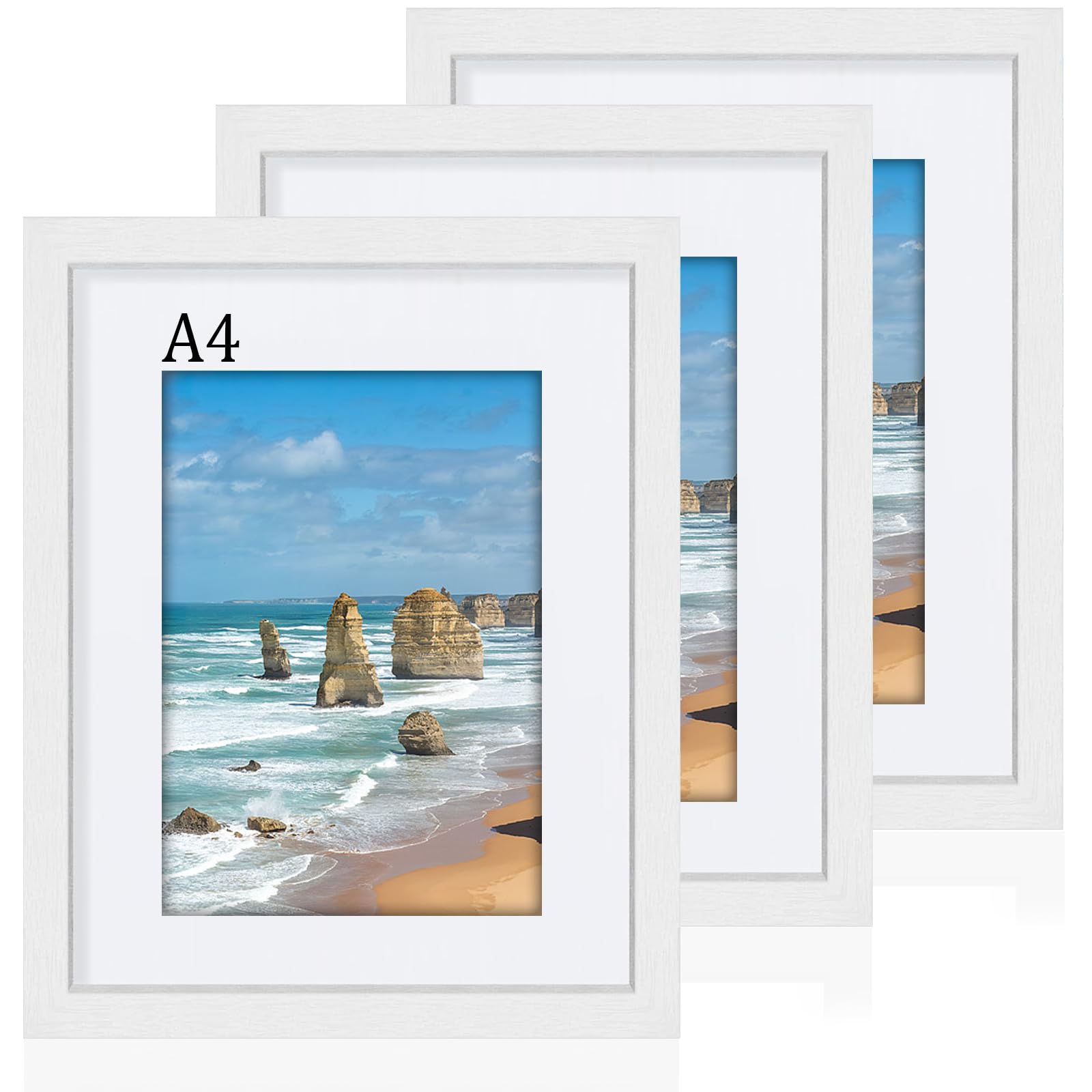 FamiPrts 3Pack A4 Frame, Wooden A4 Picture Frames, Versatile White Frame, Dual Orientation (Landscape/Portrait), Includes Wall Hooks - Wall Mount for Home, Office, Gallery